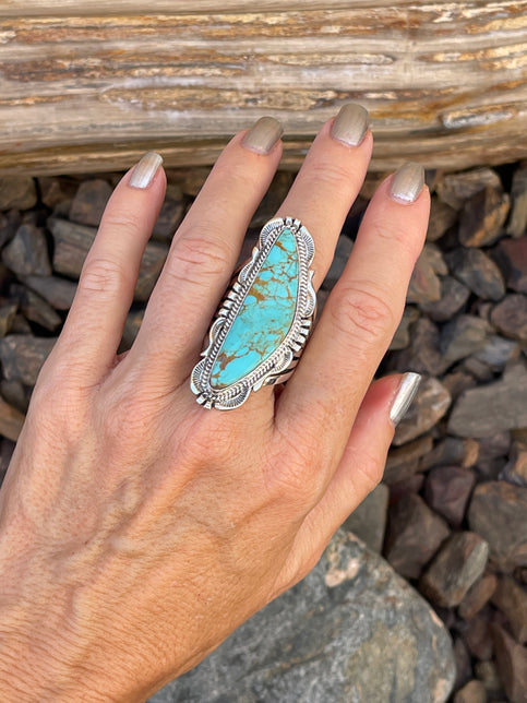 Large Handmade Sterling Silver Kingman Turquoise Seven Prong Ring - Size 10 1/2