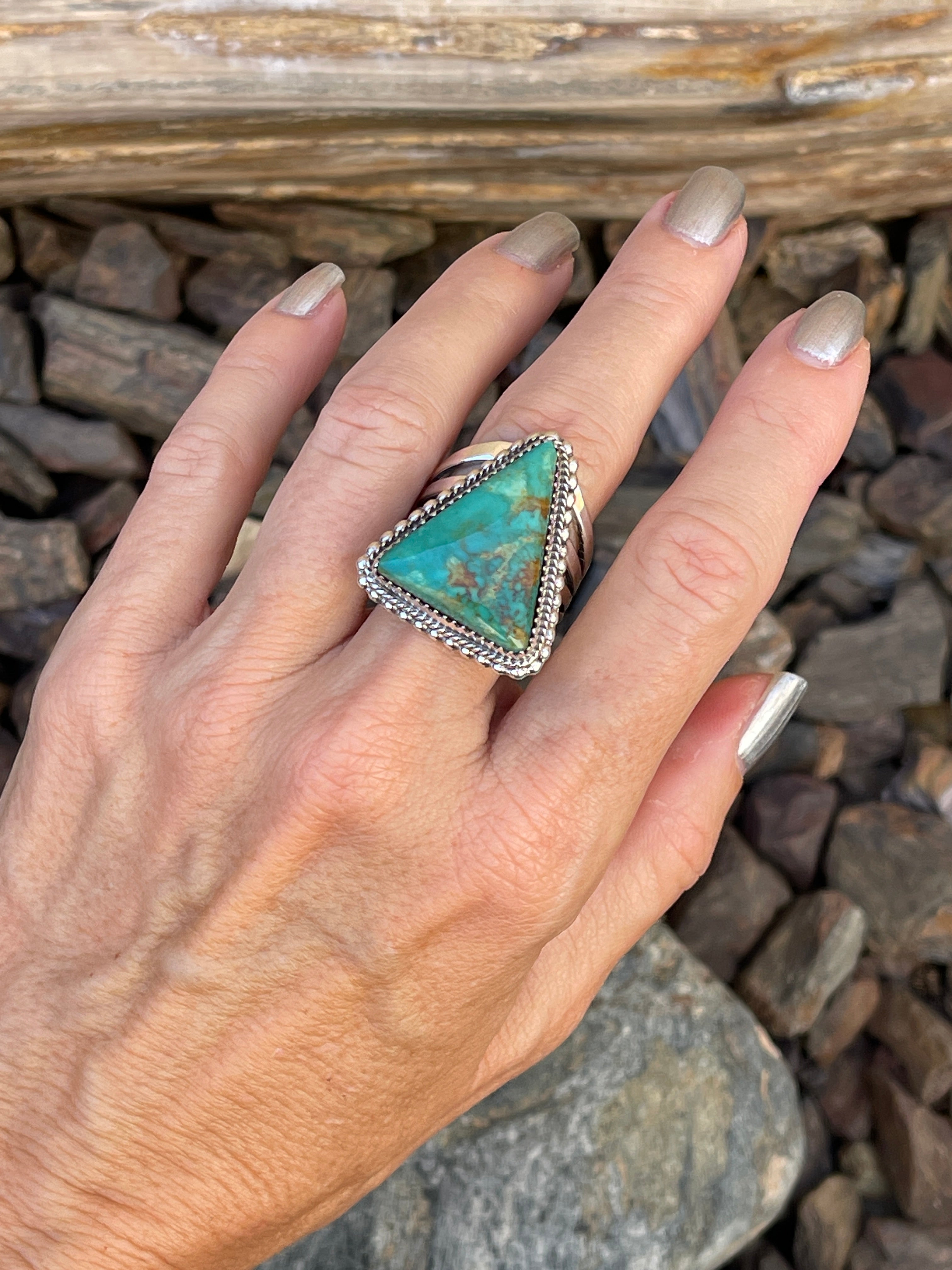 Triangle Cut Handmade Sterling Silver Kingman Turquoise Five Prong Ring - Size 10 1/2