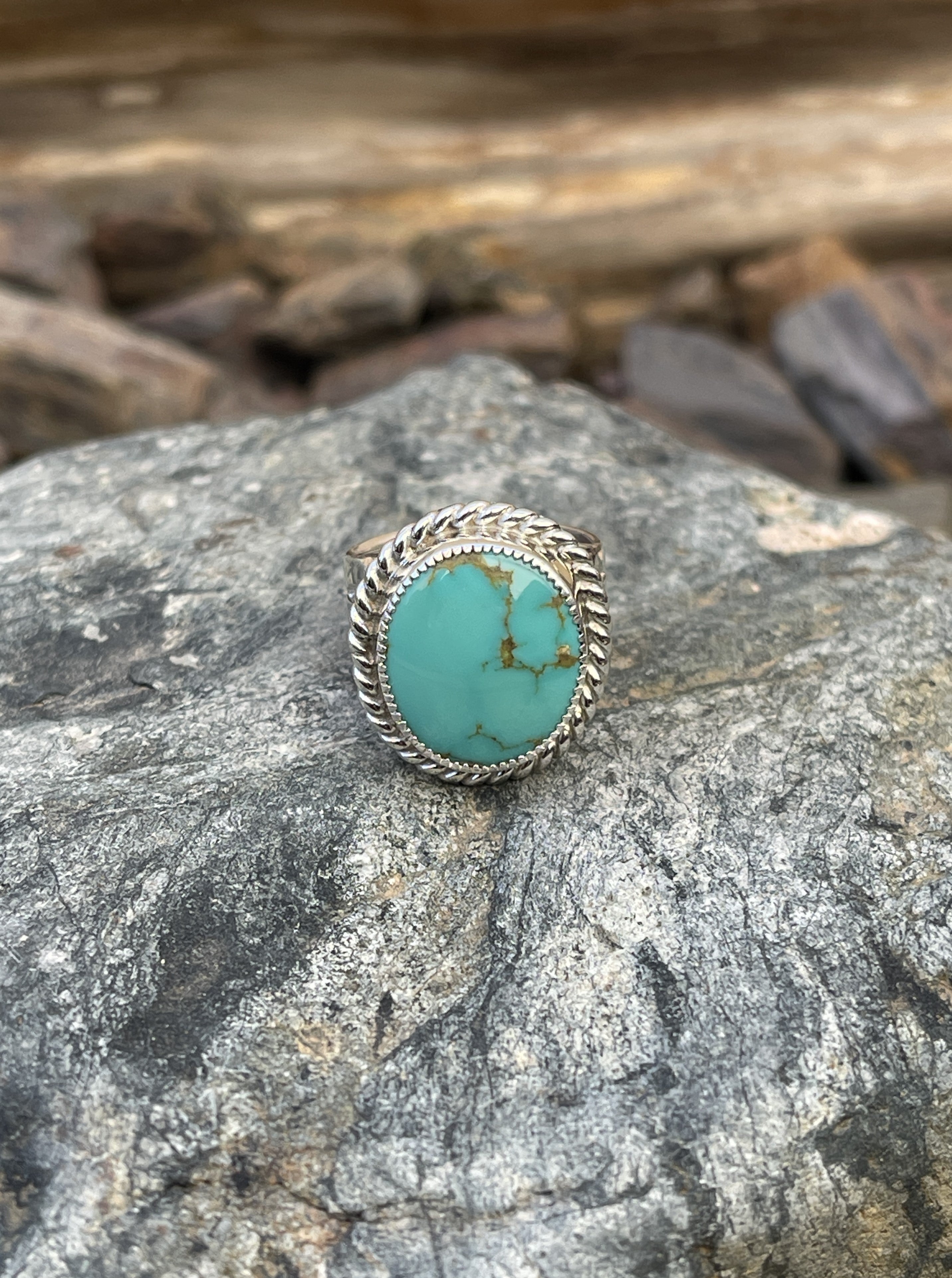 Handmade Solid Sterling Silver Kingman Turquoise Ring with Wide Band - Size 6 1/2