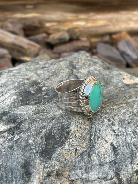 Handmade Solid Sterling Silver Kingman Turquoise Ring with Wide Band - Size 6 1/2