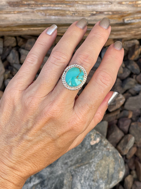 Handmade Solid Sterling Silver Kingman Turquoise Ring with Wide Band - Size 6 1/2