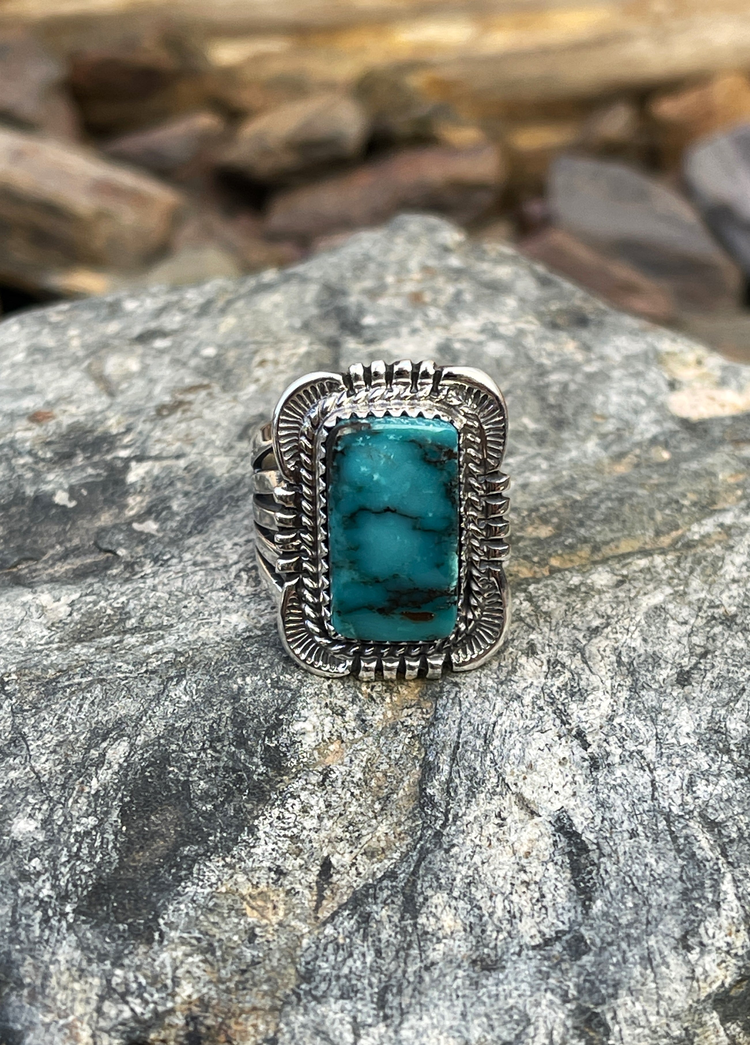 Handmade Solid Sterling Silver Blue Kingman Turquoise Five Prong Ring - Size 7 1/2