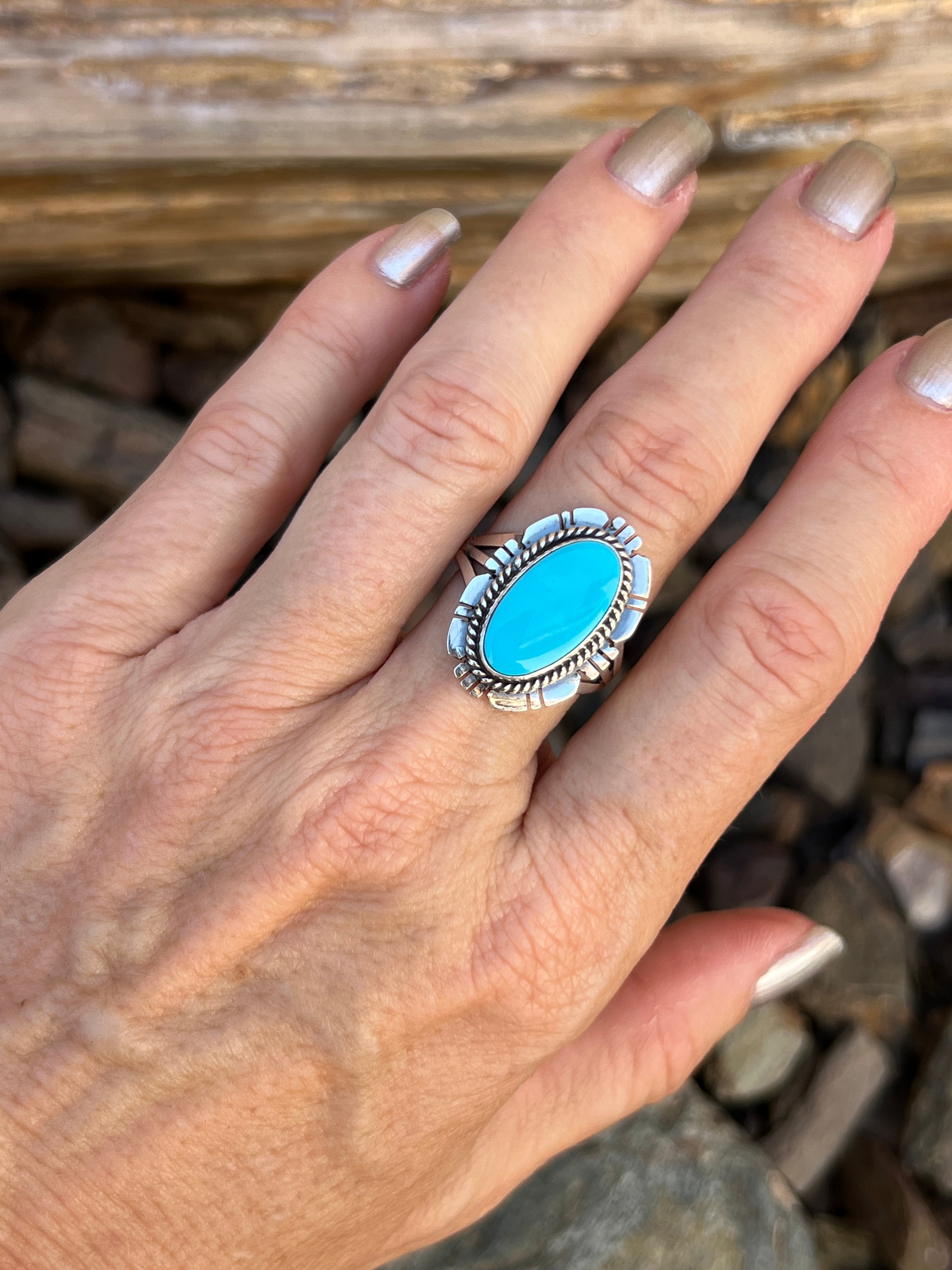 Handmade Sterling Silver Kingman Turquoise Ring with Cut Out Detail  - Size 8 1/2