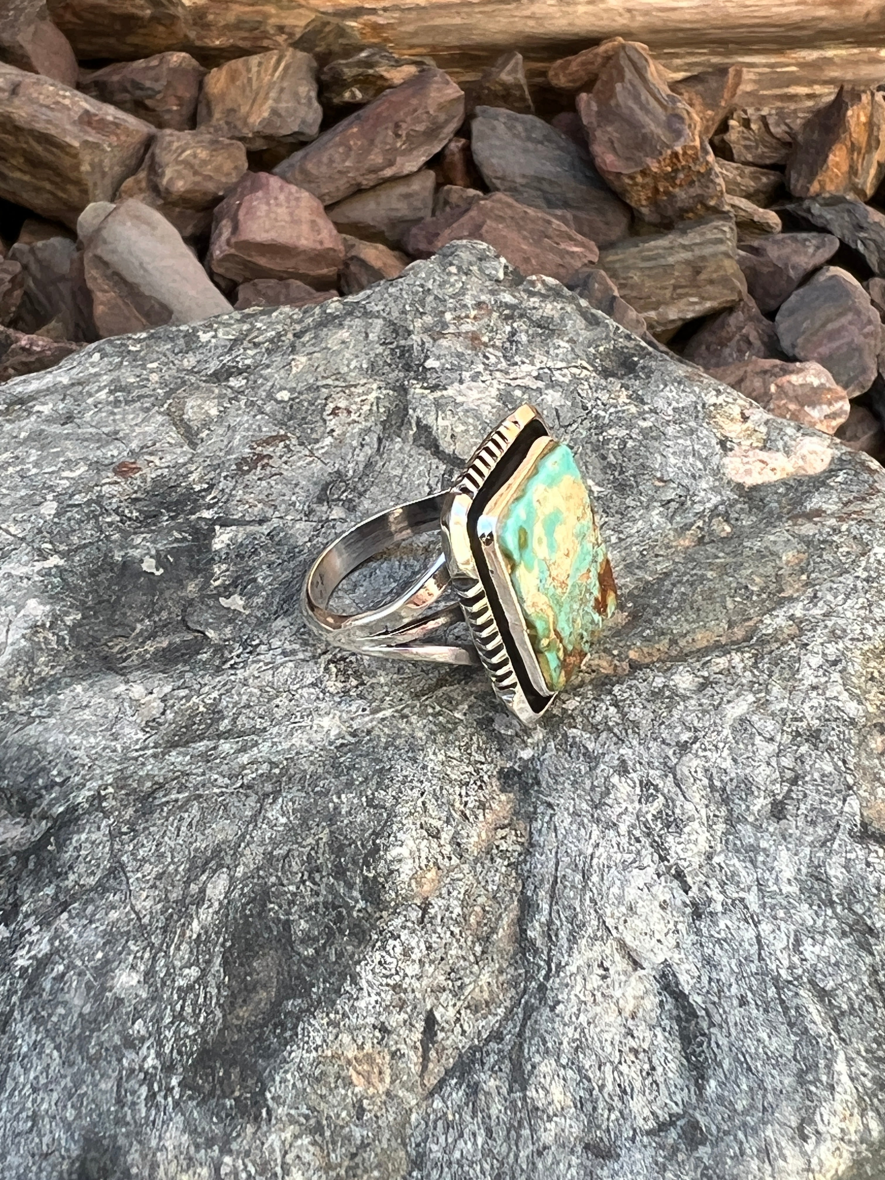 Handmade Solid Sterling Silver Square Cut Royston Turquoise Ring - Size 7 1/2