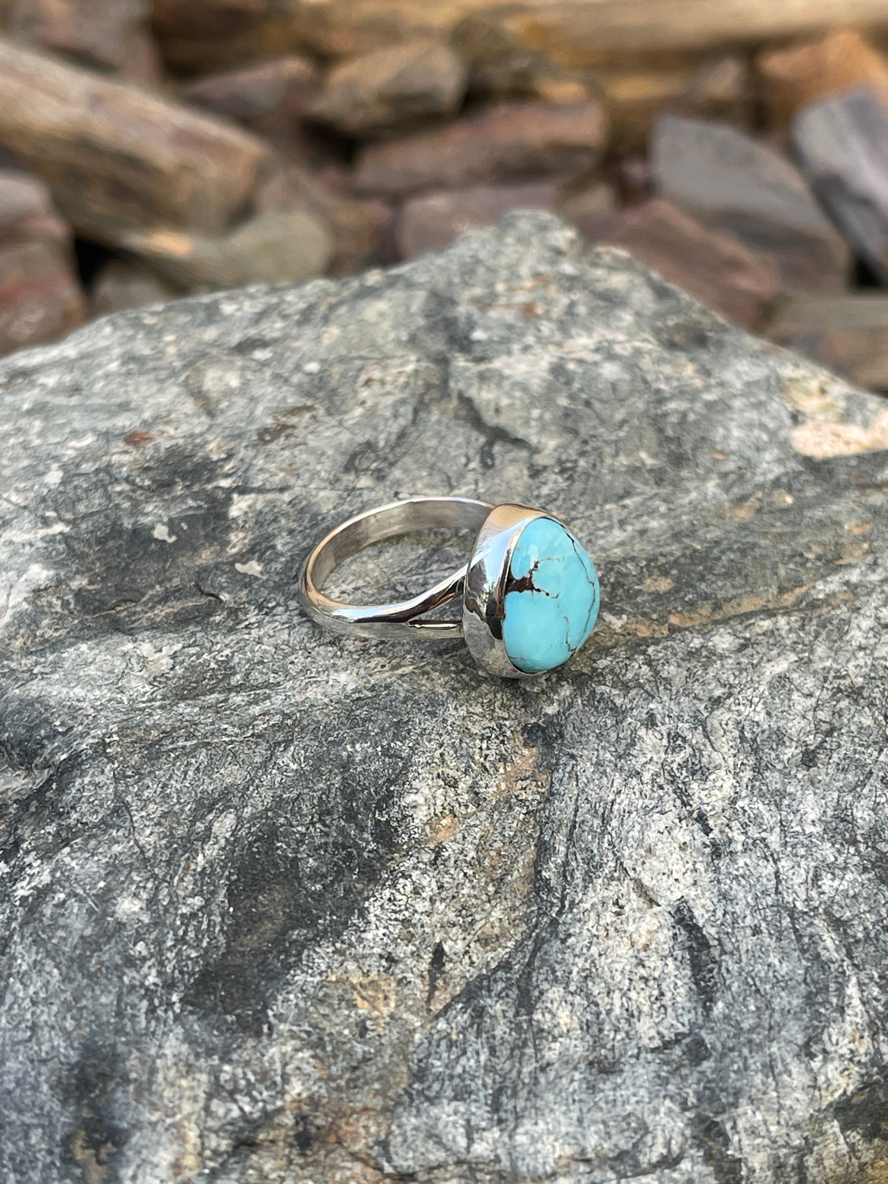 Small Hand Crafted Solid Sterling Silver Number Eight Turquoise Ring - Size 6