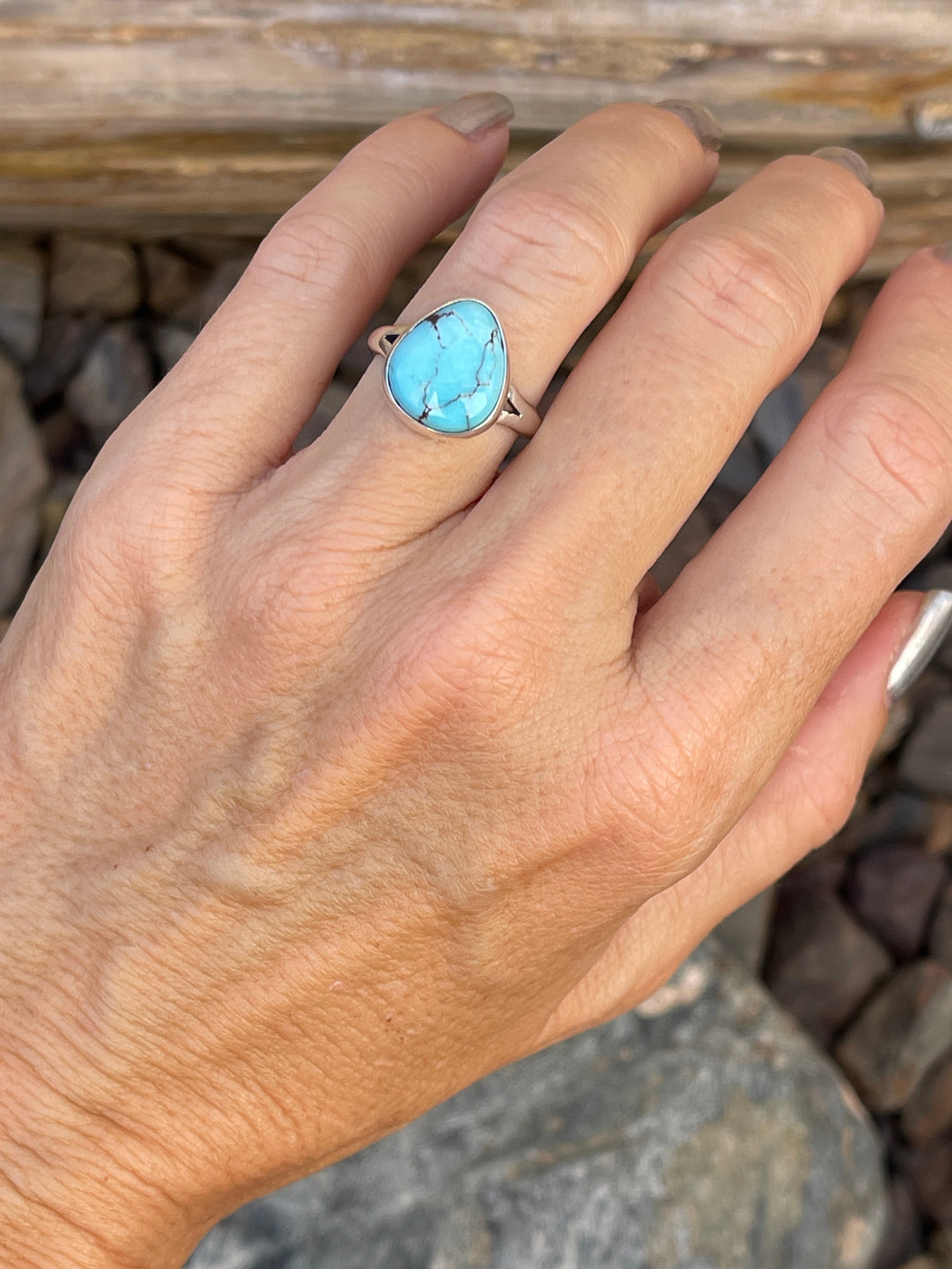 Small Hand Crafted Solid Sterling Silver Number Eight Turquoise Ring - Size 6