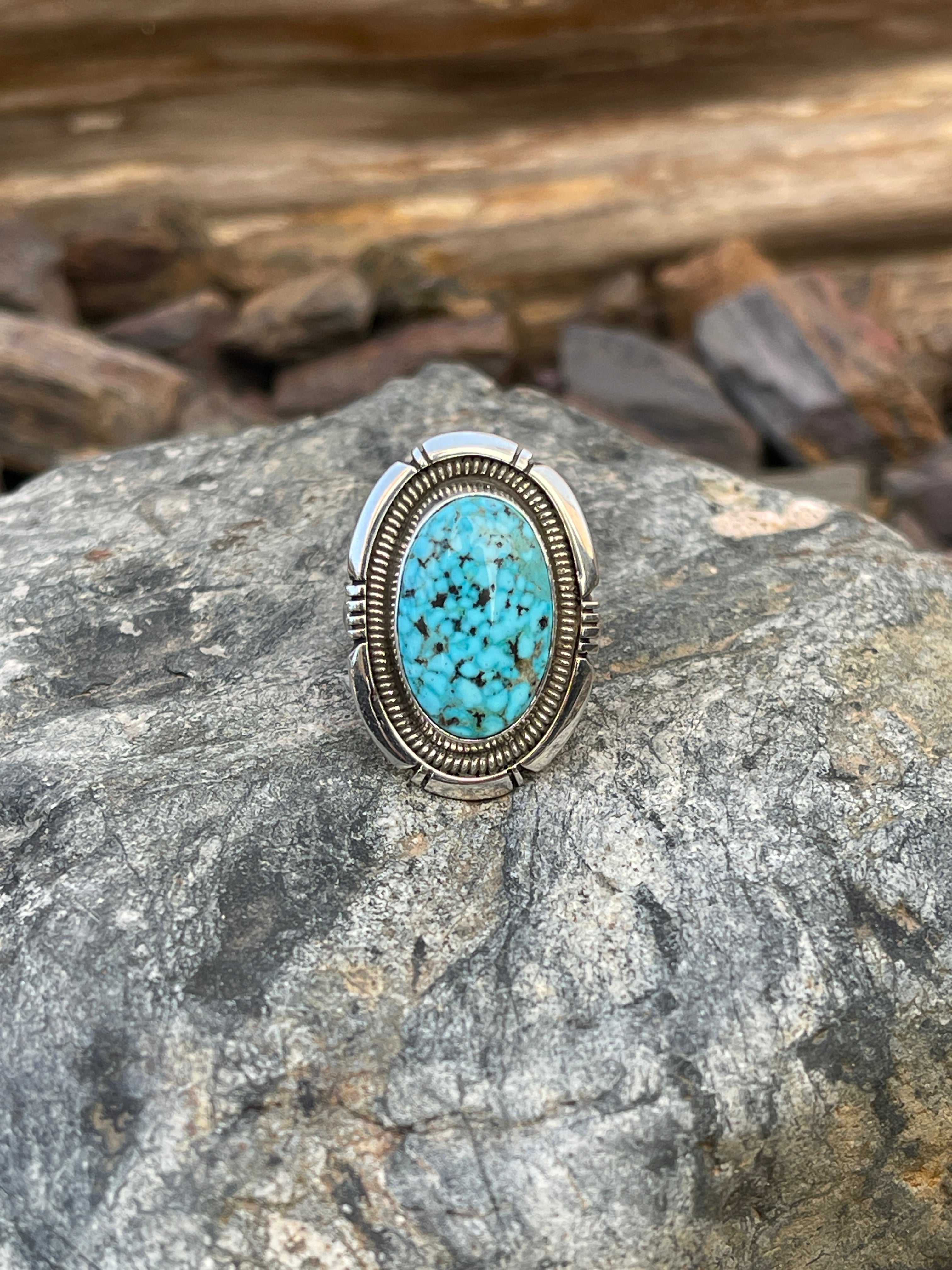 Handmade Solid Sterling Silver Turquoise Ring with Coil Detail - Size 7