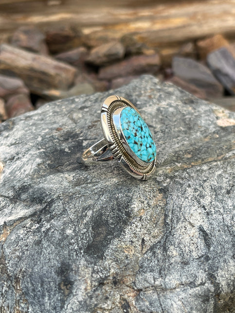 Handmade Solid Sterling Silver Turquoise Ring with Coil Detail - Size 7