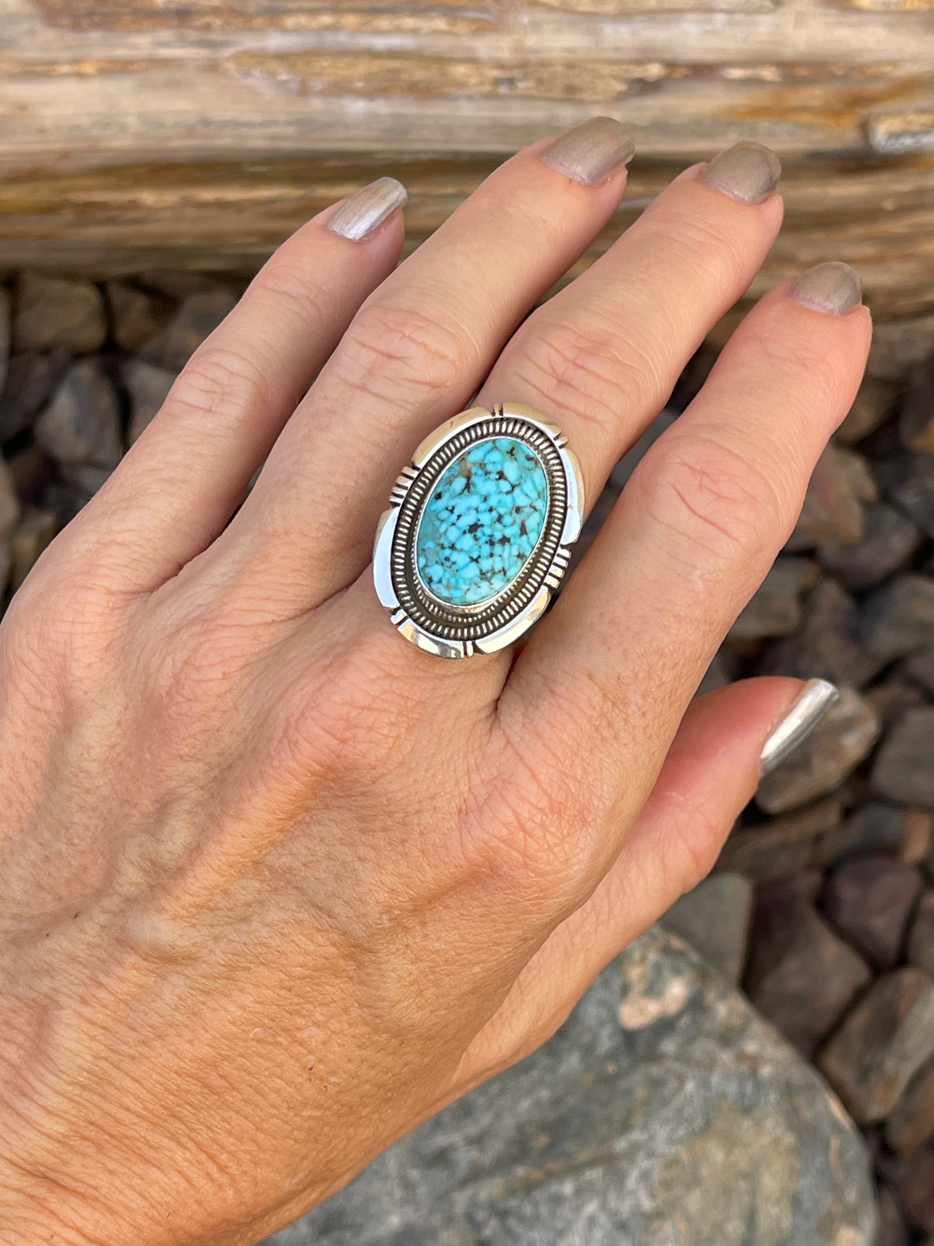 Handmade Solid Sterling Silver Turquoise Ring with Coil Detail - Size 7