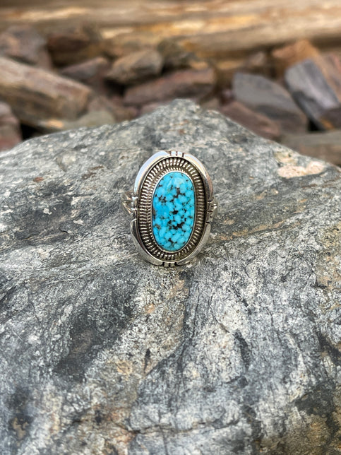 Handmade Solid Sterling Silver Turquoise Ring with Coil Detail - Size 9