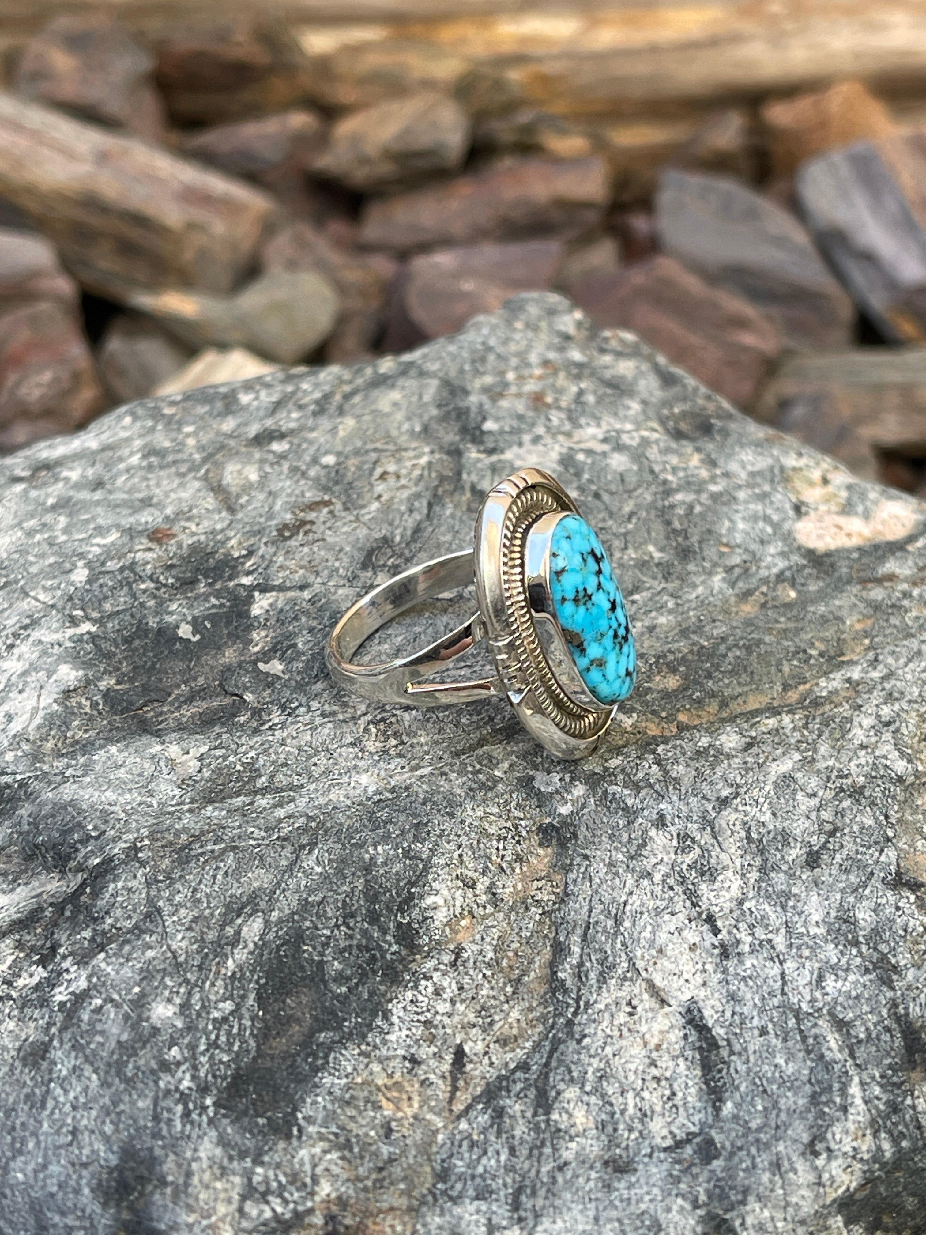 Handmade Solid Sterling Silver Turquoise Ring with Coil Detail - Size 9