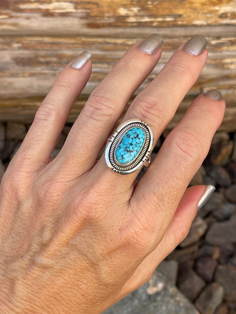 Handmade Solid Sterling Silver Turquoise Ring with Coil Detail - Size 9