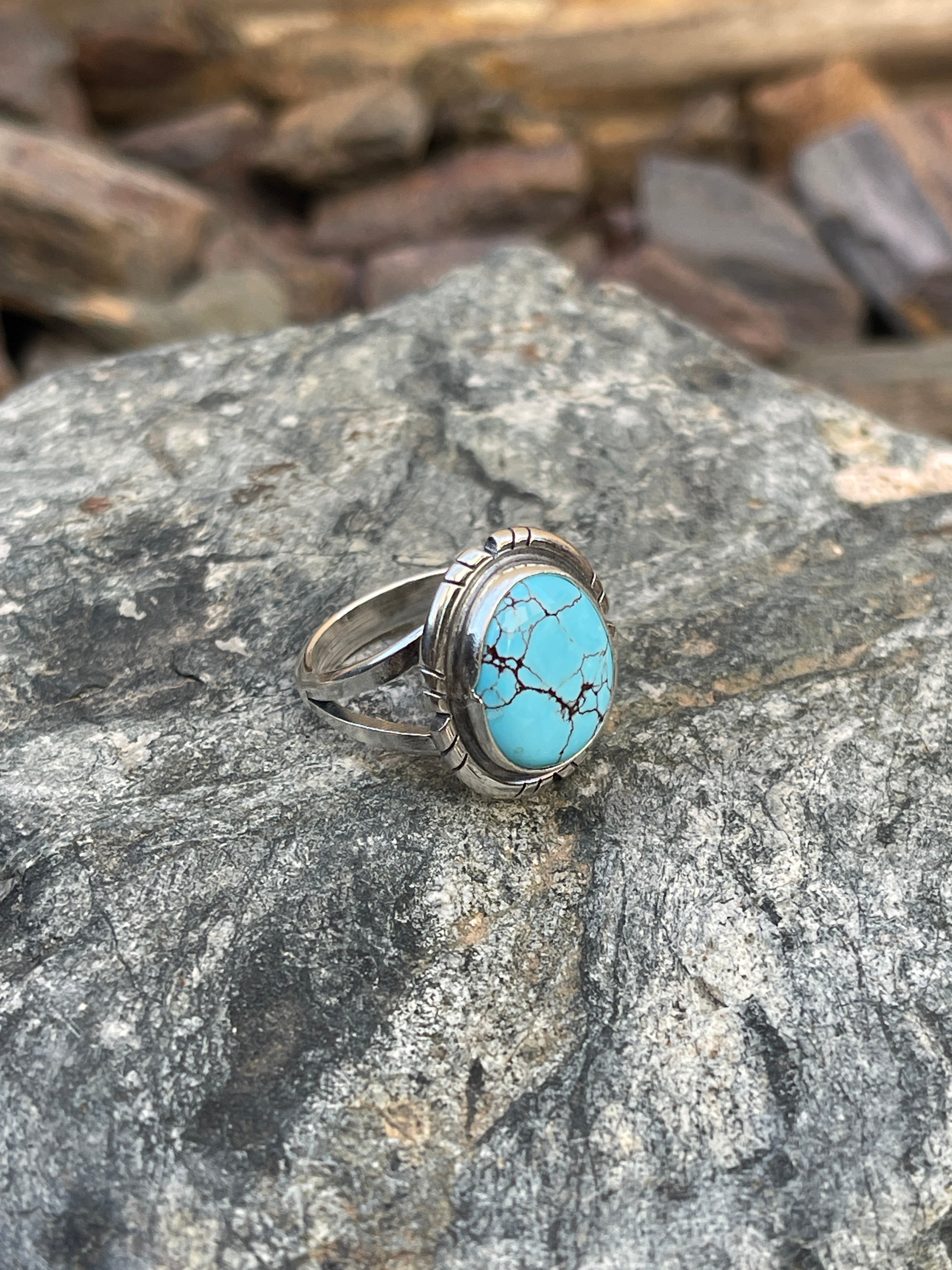 Handmade Solid Sterling Silver Number Eight Turquoise Ring - Size 5 1/2