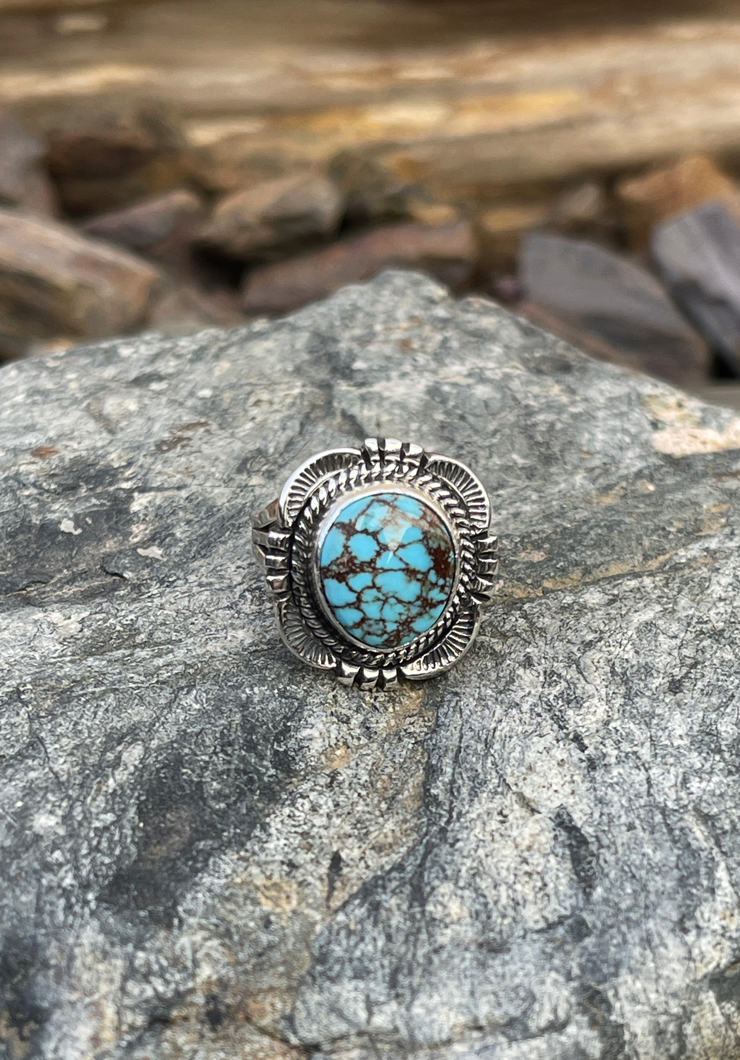 Handmade Solid Sterling Silver Kingman Turquoise Ring with Traditional Hand Stamping - Size 6