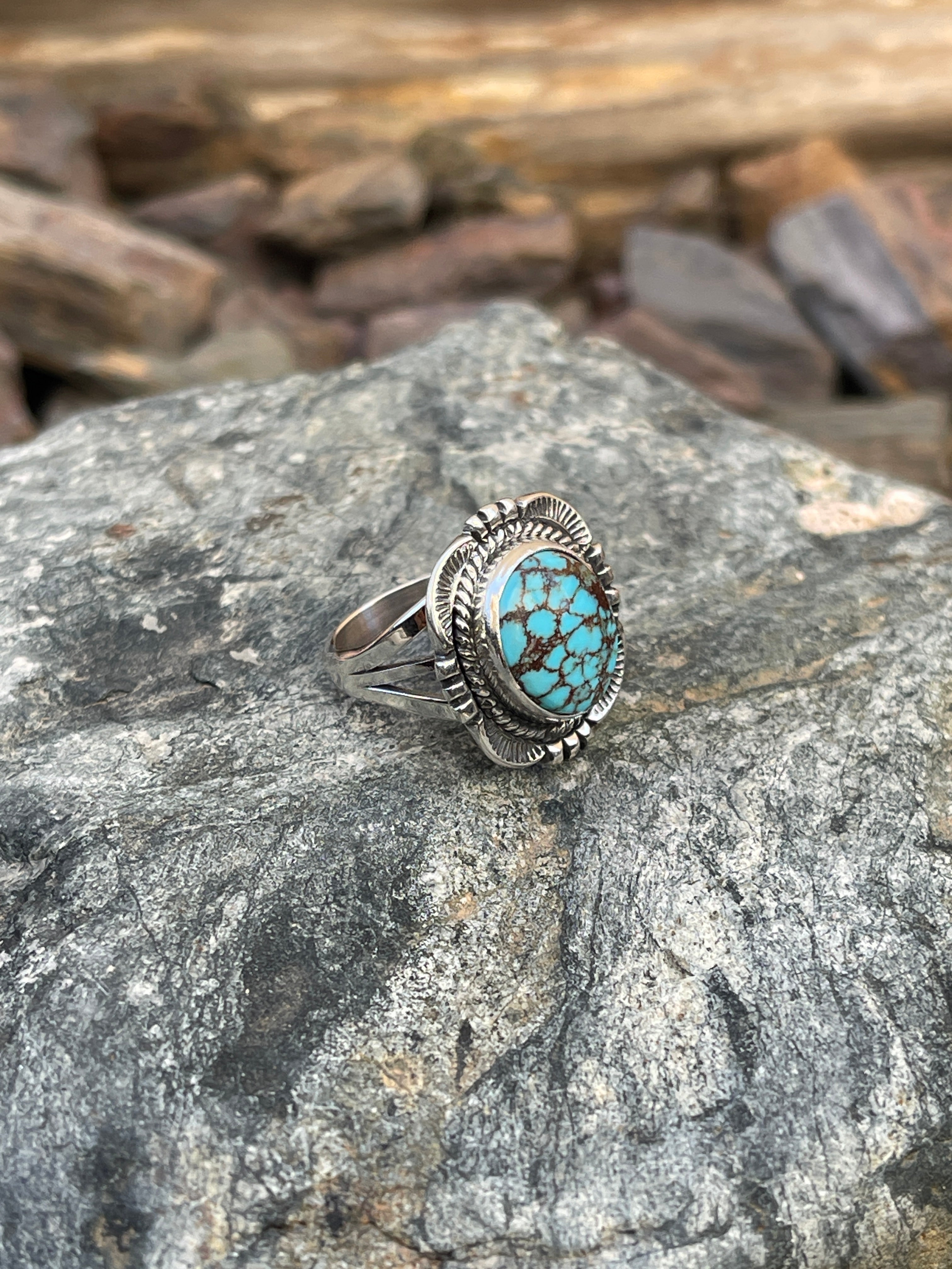 Handmade Solid Sterling Silver Kingman Turquoise Ring with Traditional Hand Stamping - Size 6