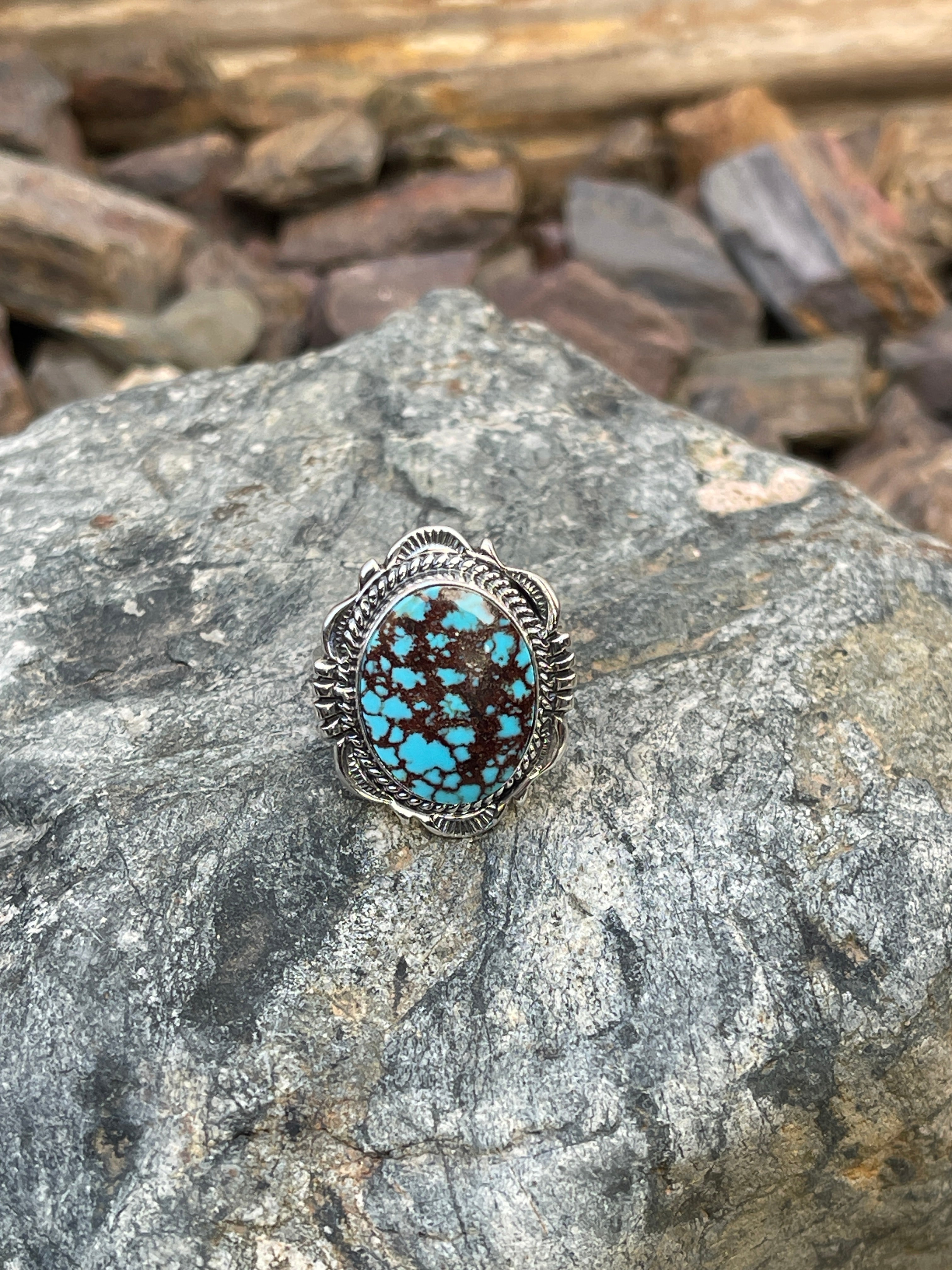 Signature Handmade Solid Sterling Silver Turquoise Ring with Stamped Trim - Size 9 1/2