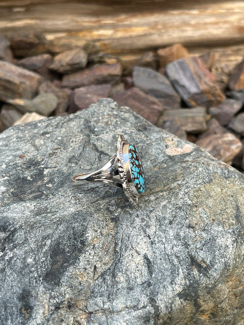 Signature Handmade Solid Sterling Silver Turquoise Ring with Stamped Trim - Size 9 1/2