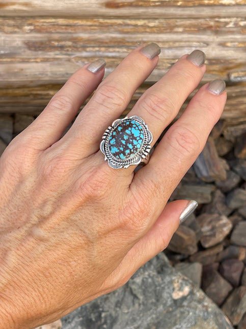 Signature Handmade Solid Sterling Silver Turquoise Ring with Stamped Trim - Size 9 1/2