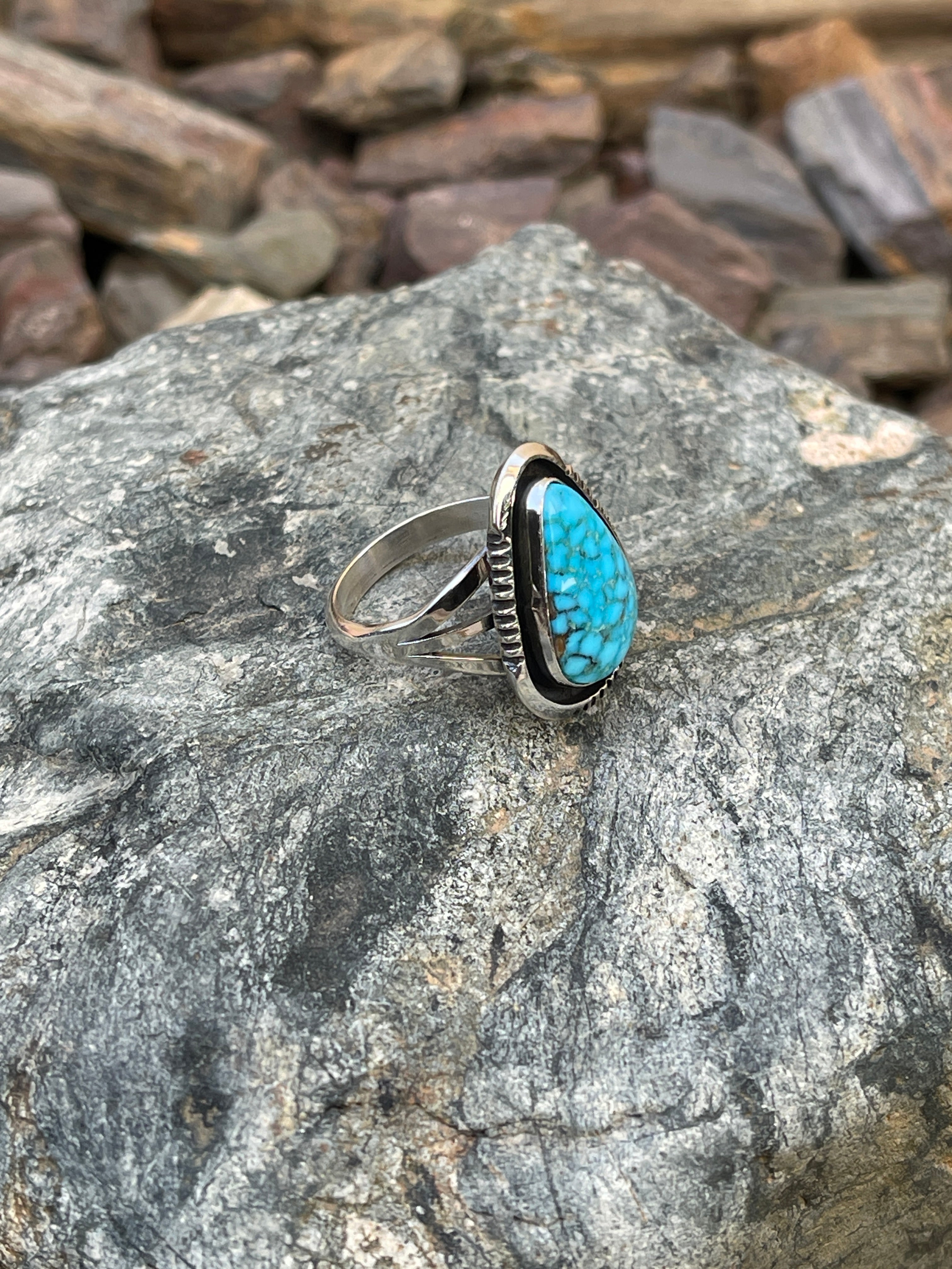Handmade Solid Sterling Silver Turquoise Mountain Ring with Shadow Box Trim - Size 9 1/2