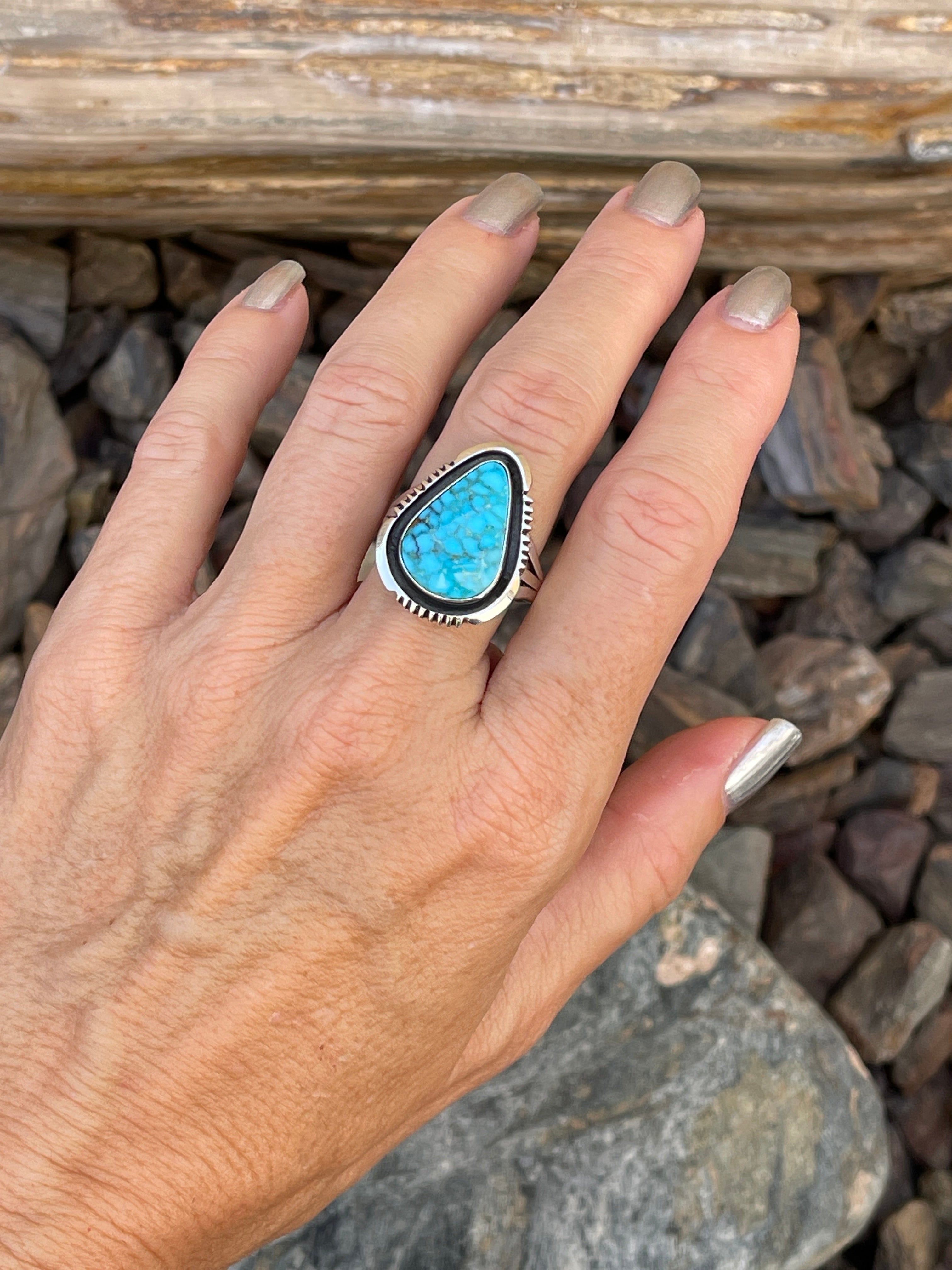 Handmade Solid Sterling Silver Turquoise Mountain Ring with Shadow Box Trim - Size 9 1/2