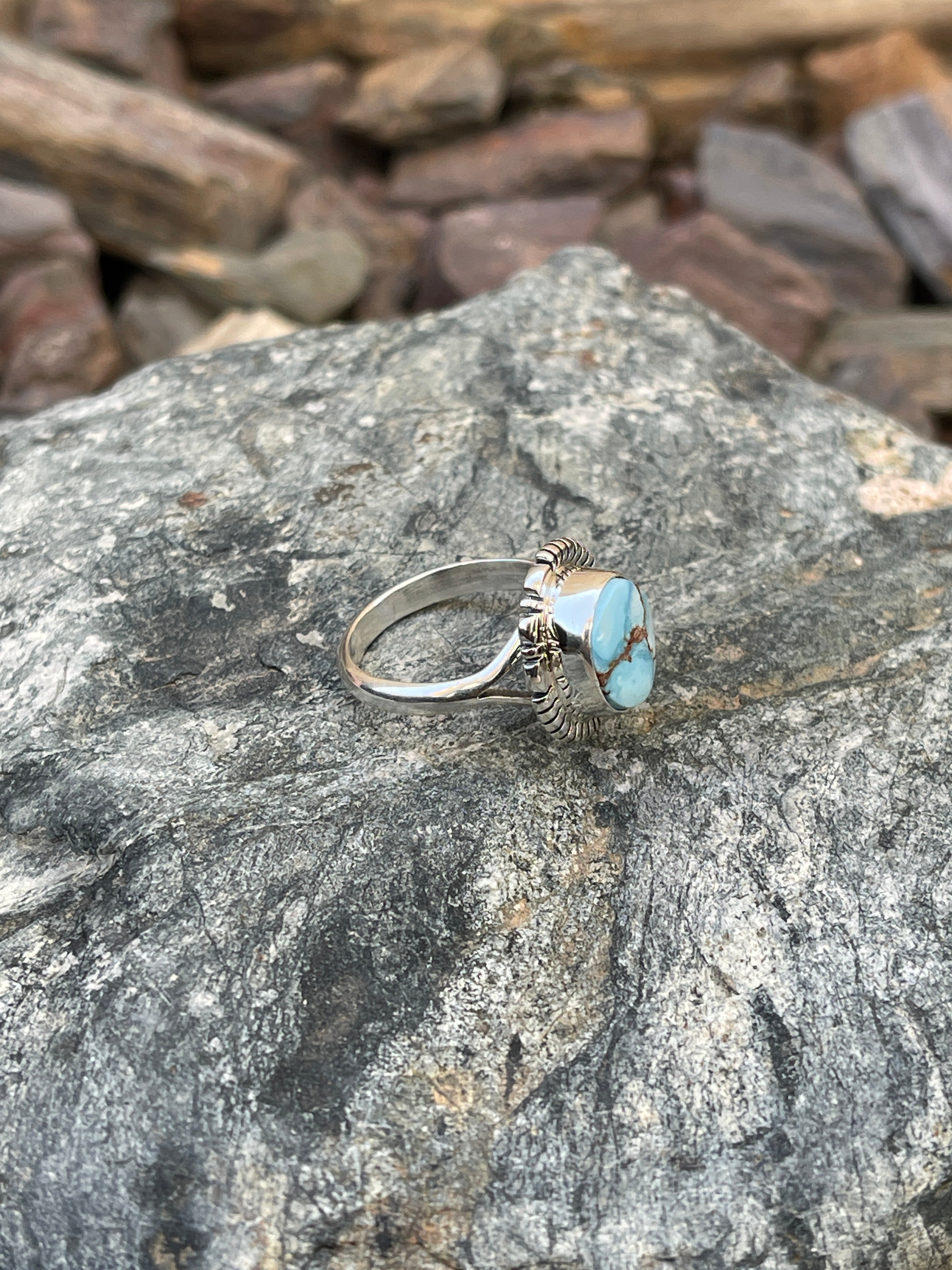 Dainty Handmade Solid Sterling Silver Golden Hill Turquoise Ring - Size 7