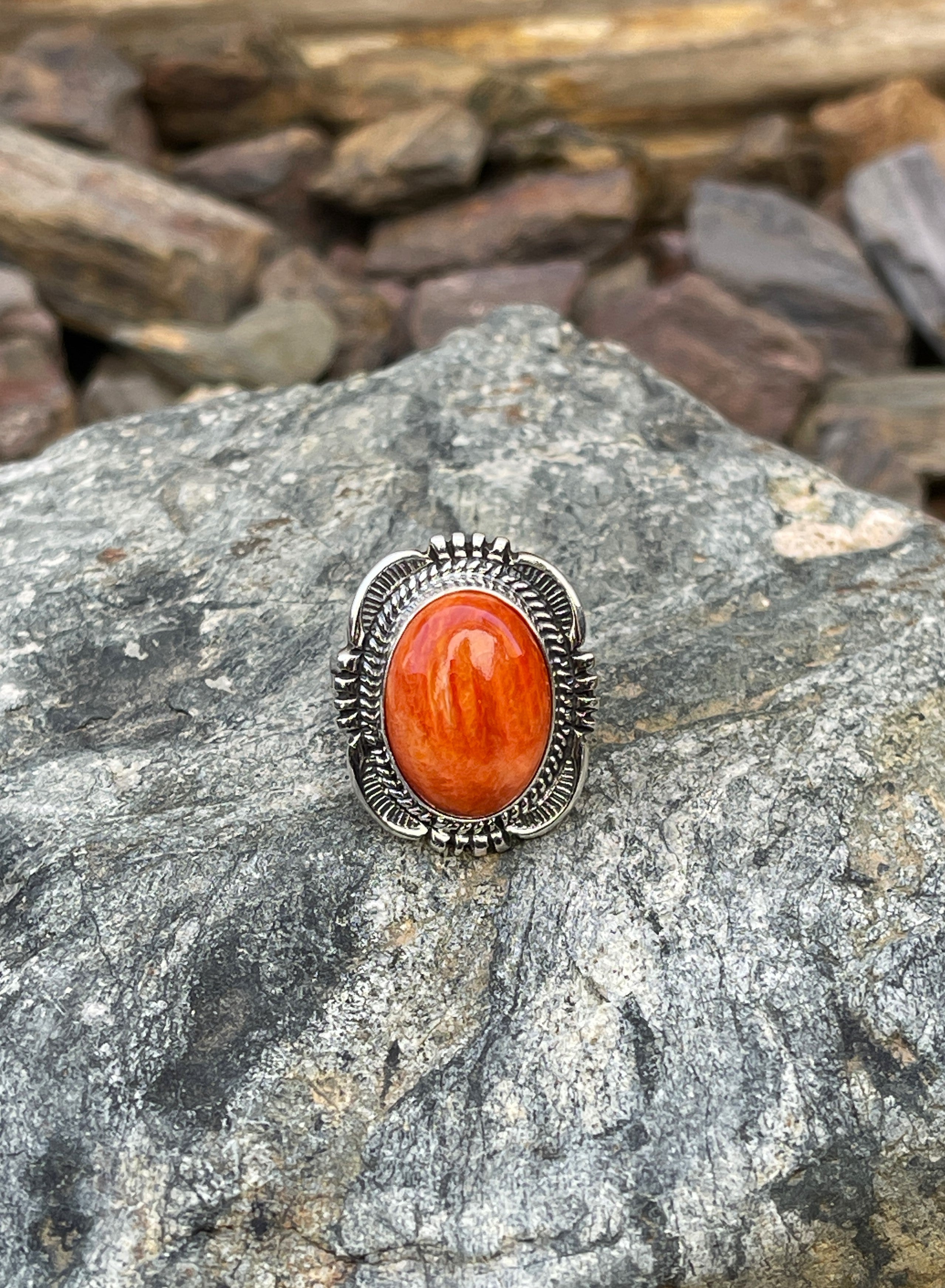 Signature Handmade Solid Sterling Silver Orange Spiny Oyster Ring - Size 7 1/2