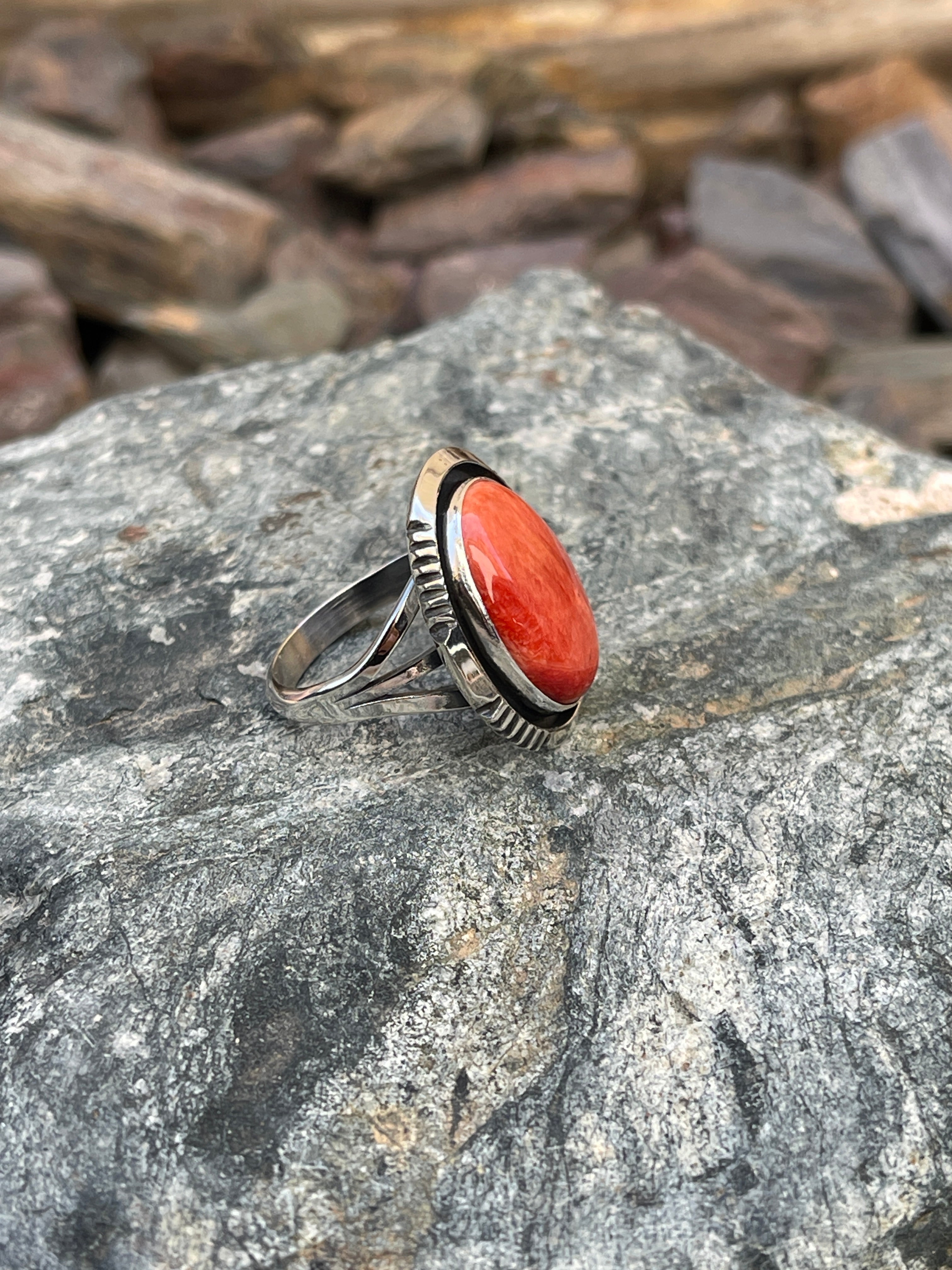 Signature Handmade Solid Sterling Silver Orange Spiny Oyster Ring with Shadow Box Trim - Size 6 1/2