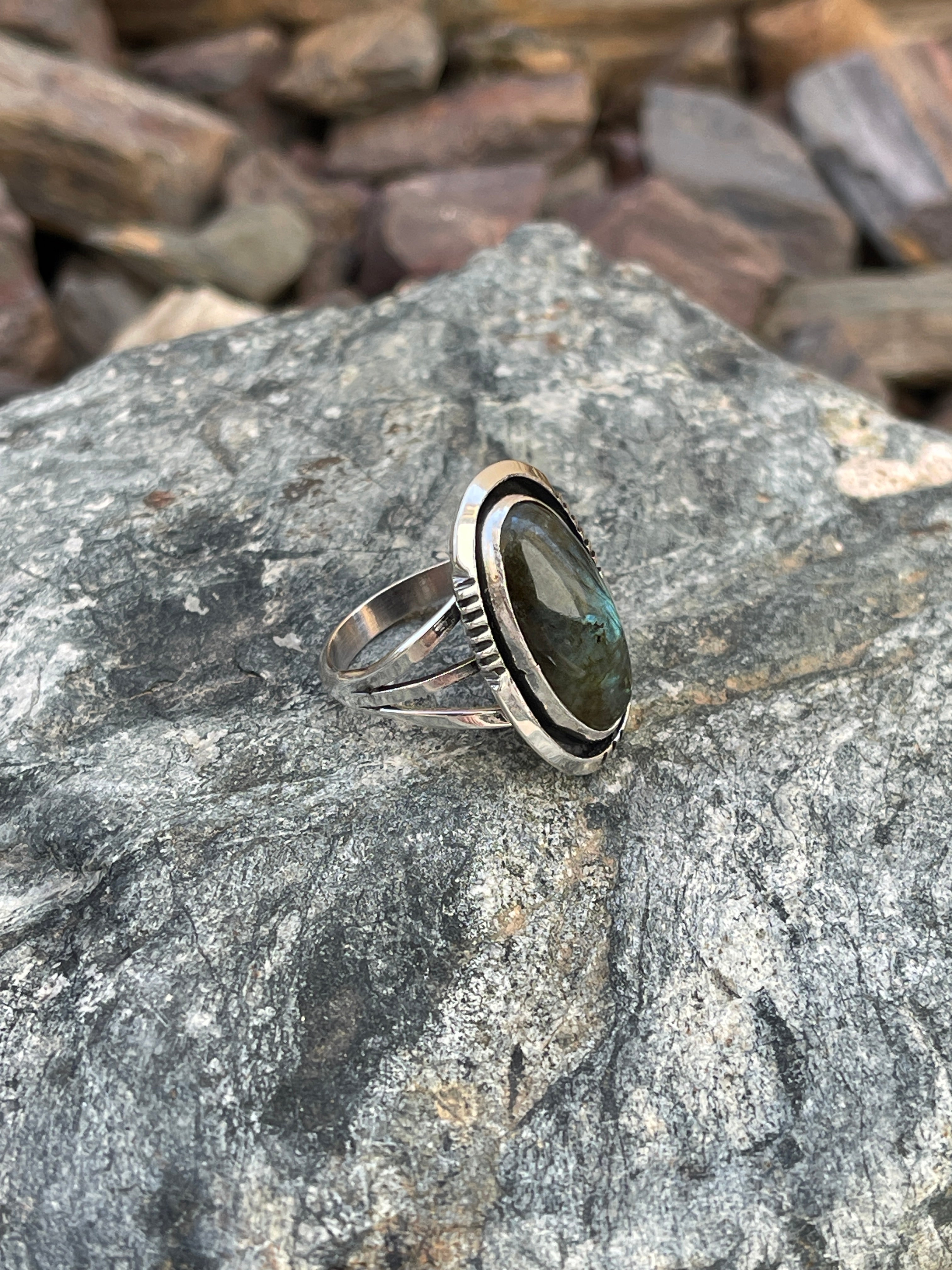 Handmade Solid Sterling Silver Labradorite Ring with Shadow Box Trim  - Size 6 1/2