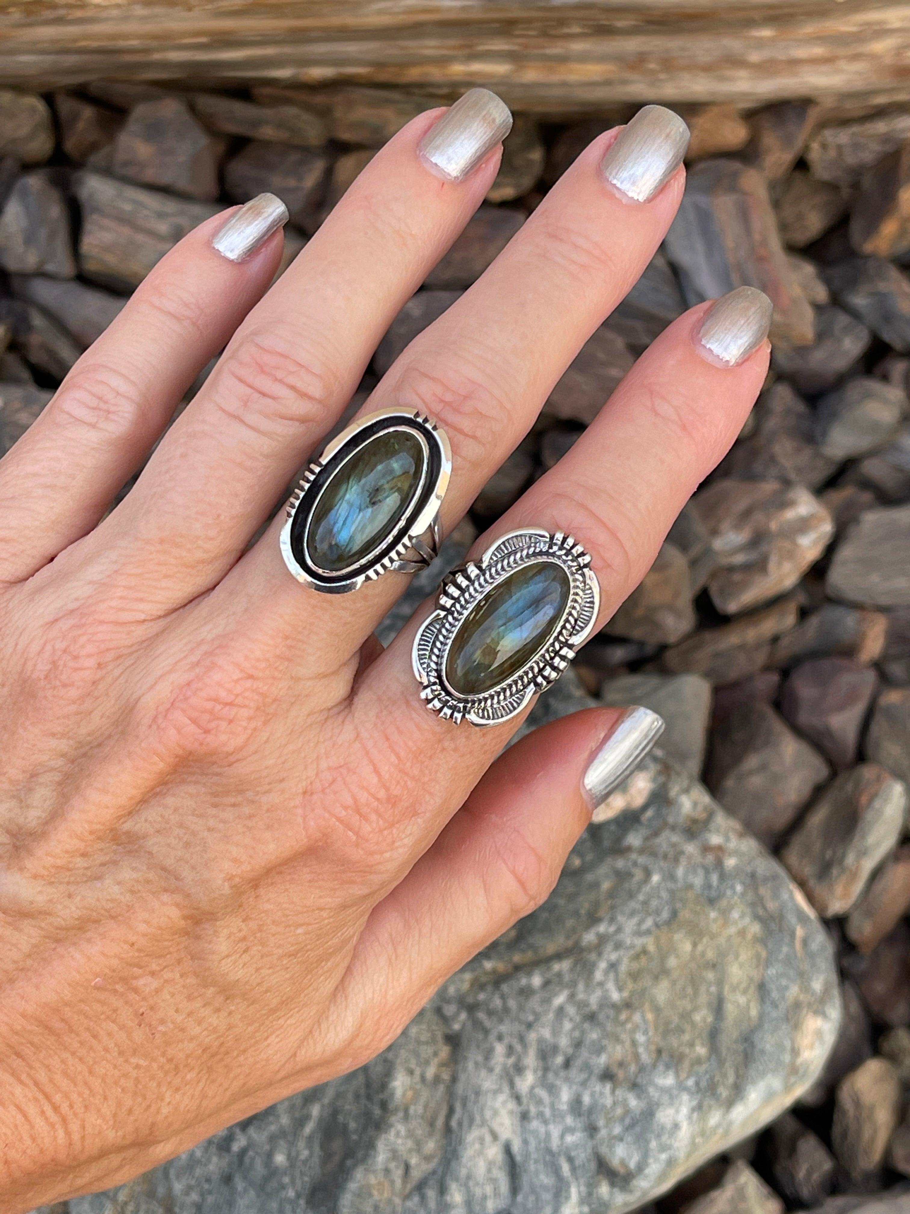 Handmade Solid Sterling Silver Labradorite Ring with Shadow Box Trim  - Size 6 1/2