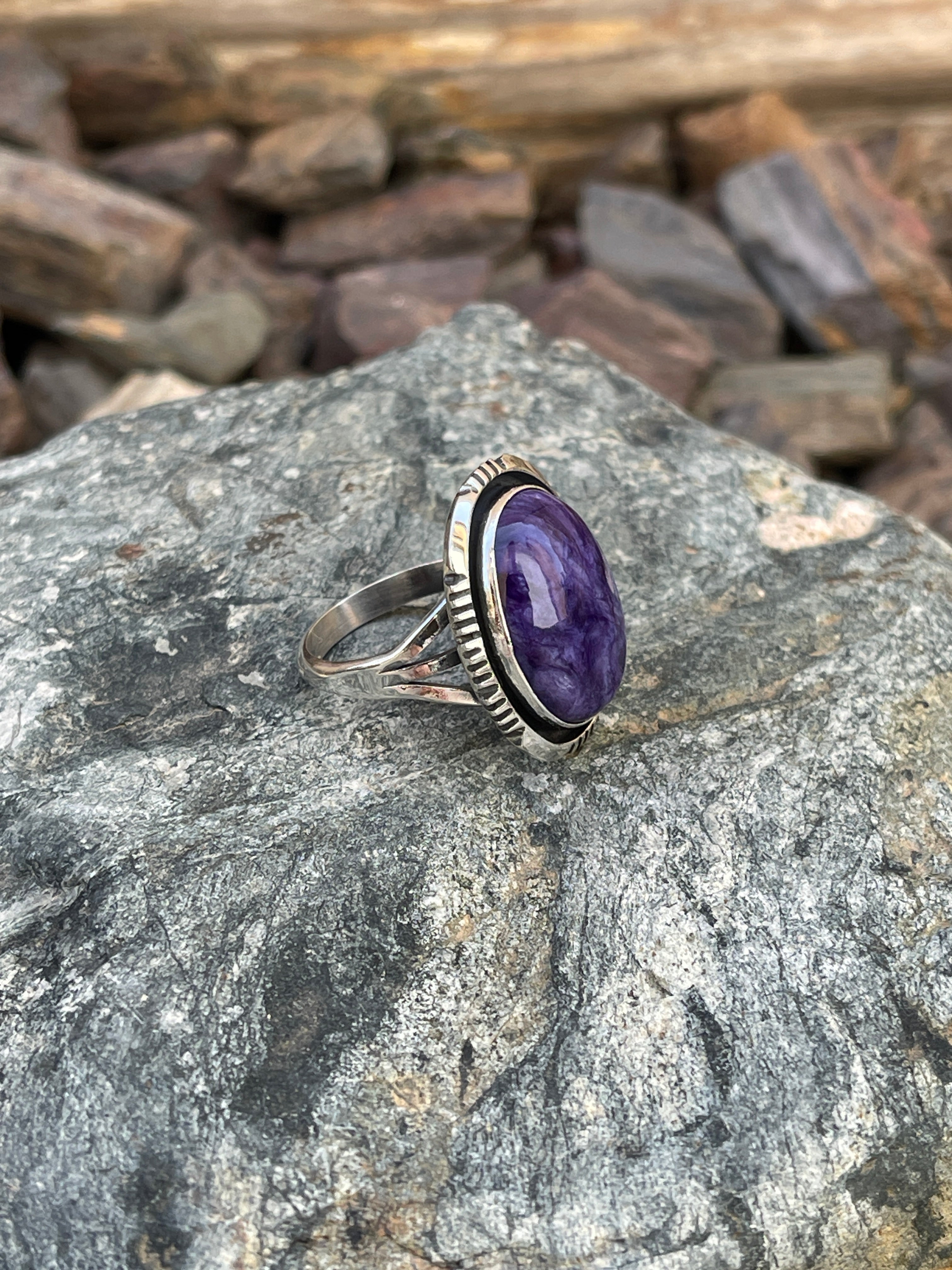Handmade Solid Sterling Silver Purple Charoite Ring with Shadow Box Trim - 9