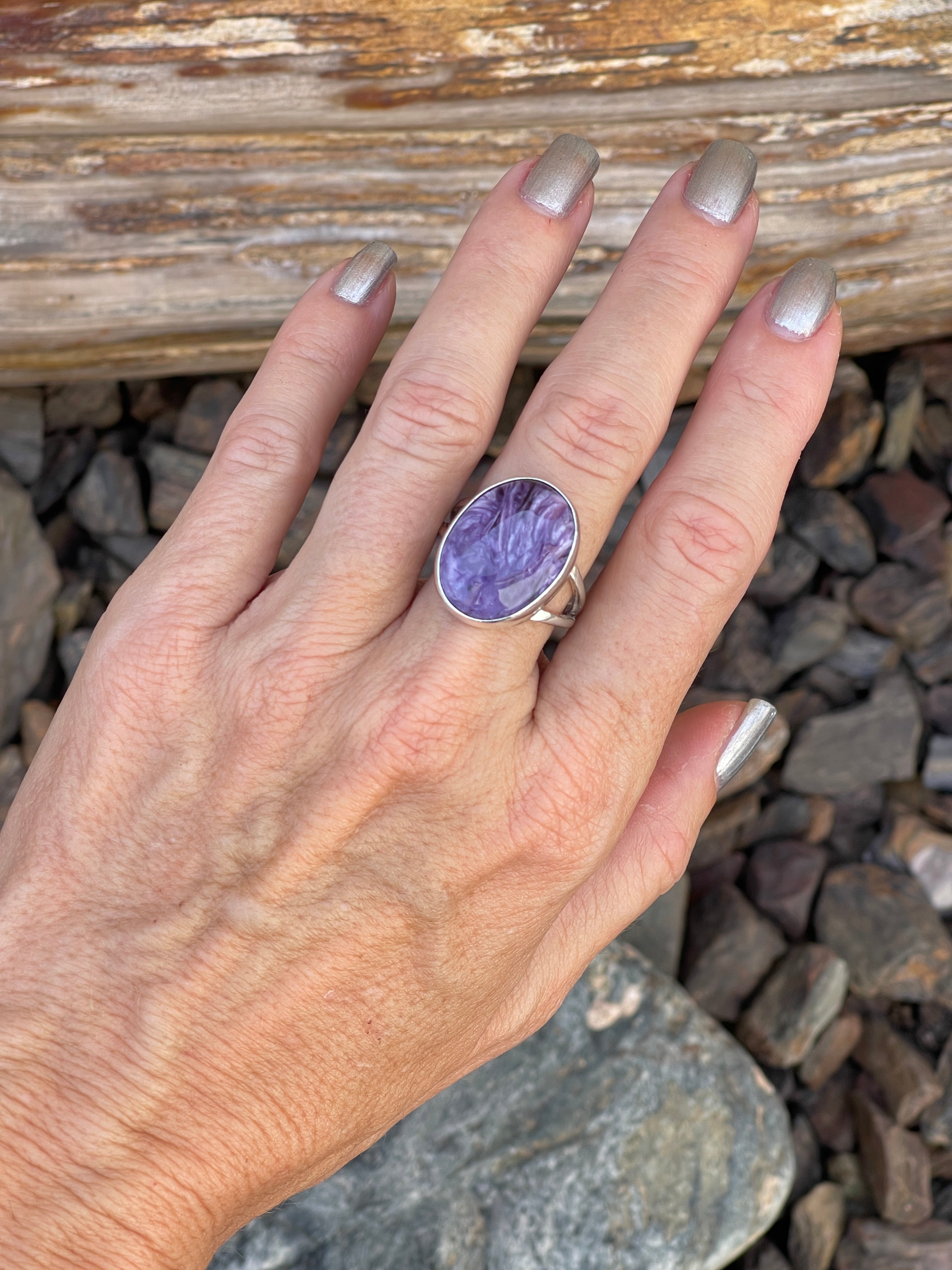 Handmade Solid Sterling Silver Purple Charoite Ring - Size 8