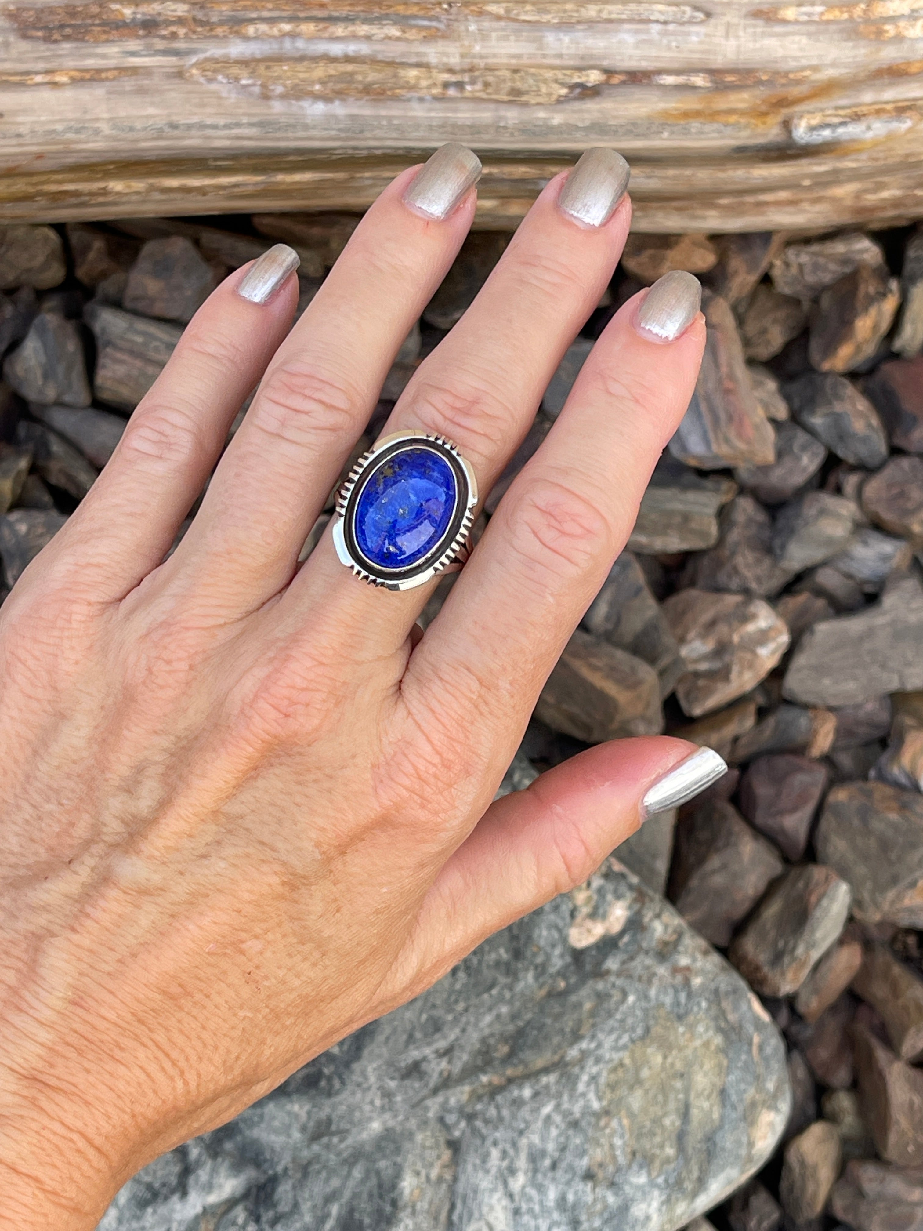 Handmade Solid Sterling Silver Lapis Ring with Shadow Box Trim - Size 9