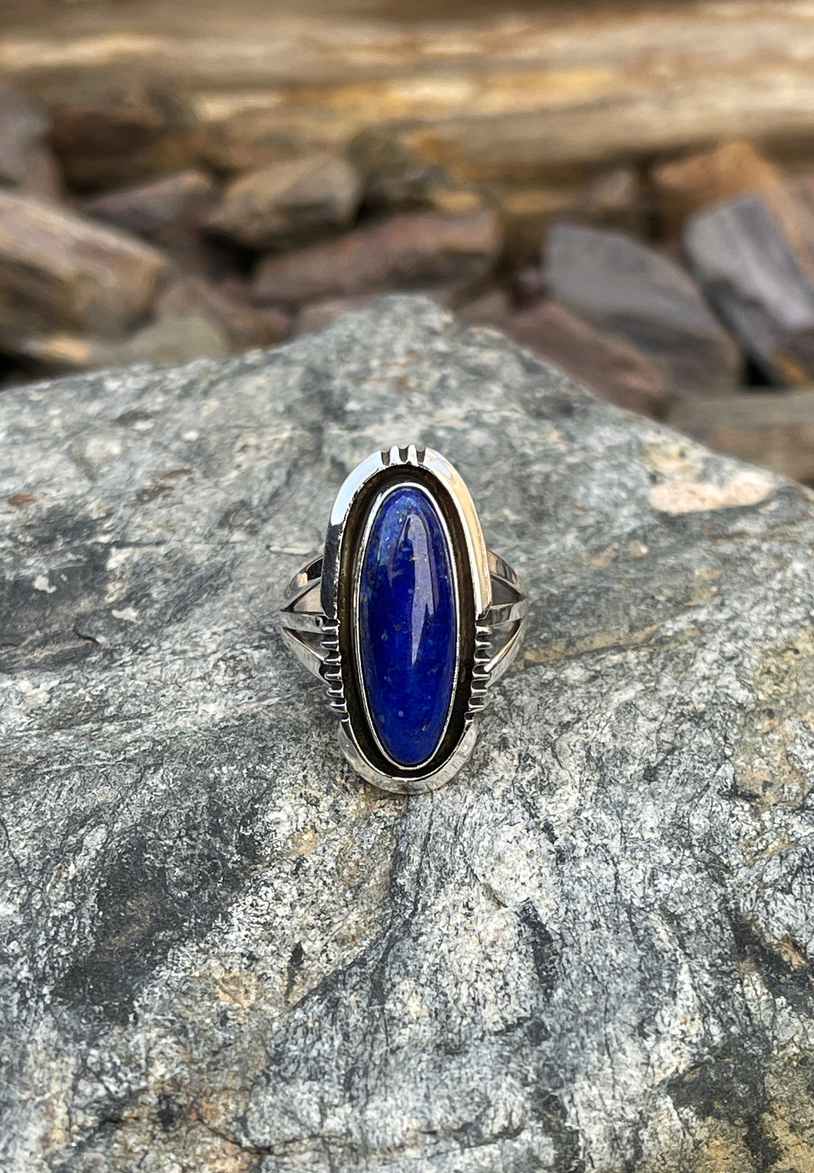 Handmade Solid Sterling Silver Blue Lapis Ring with Shadow Box Trim - Size 8