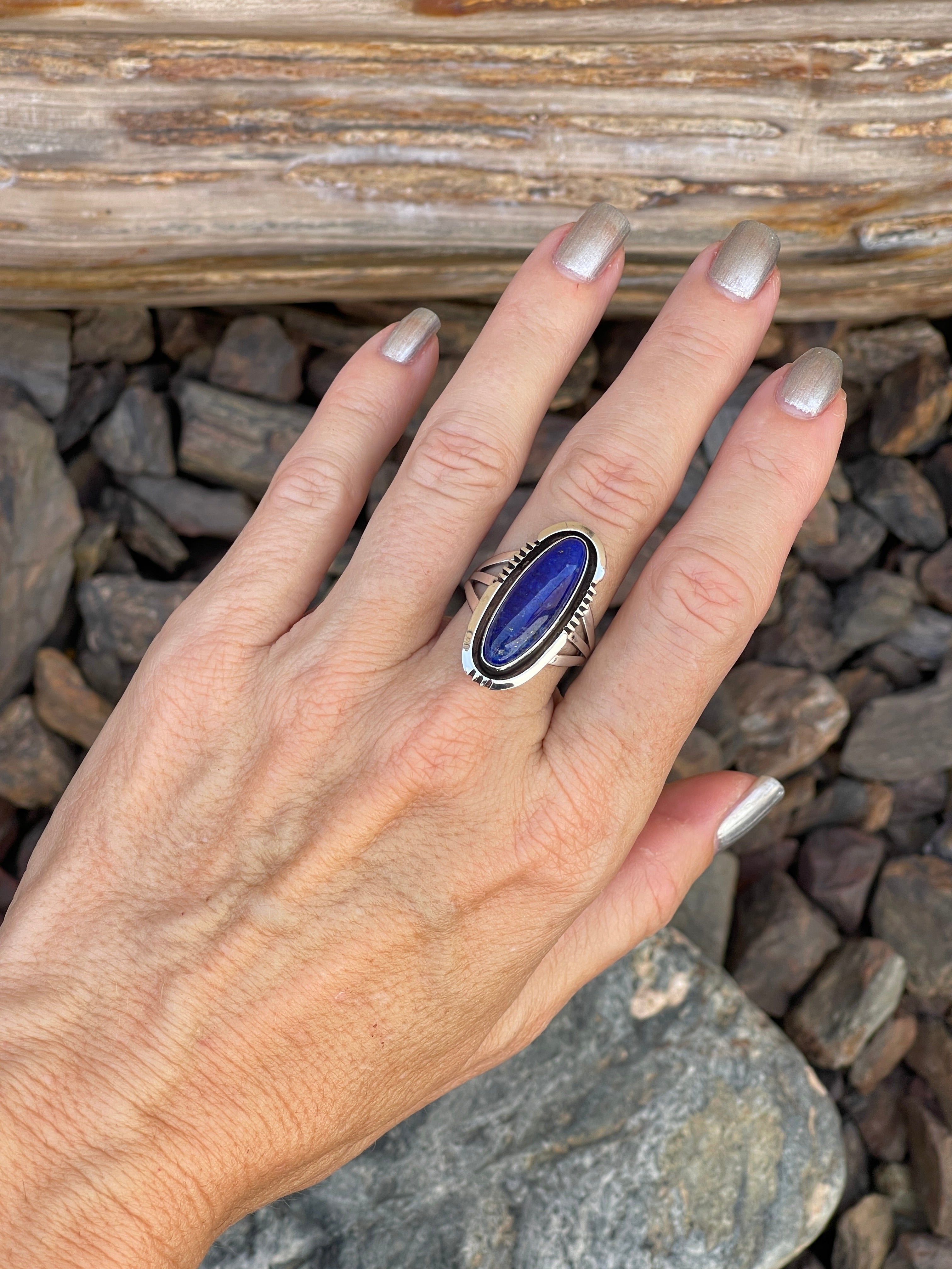 Handmade Solid Sterling Silver Blue Lapis Ring with Shadow Box Trim - Size 8