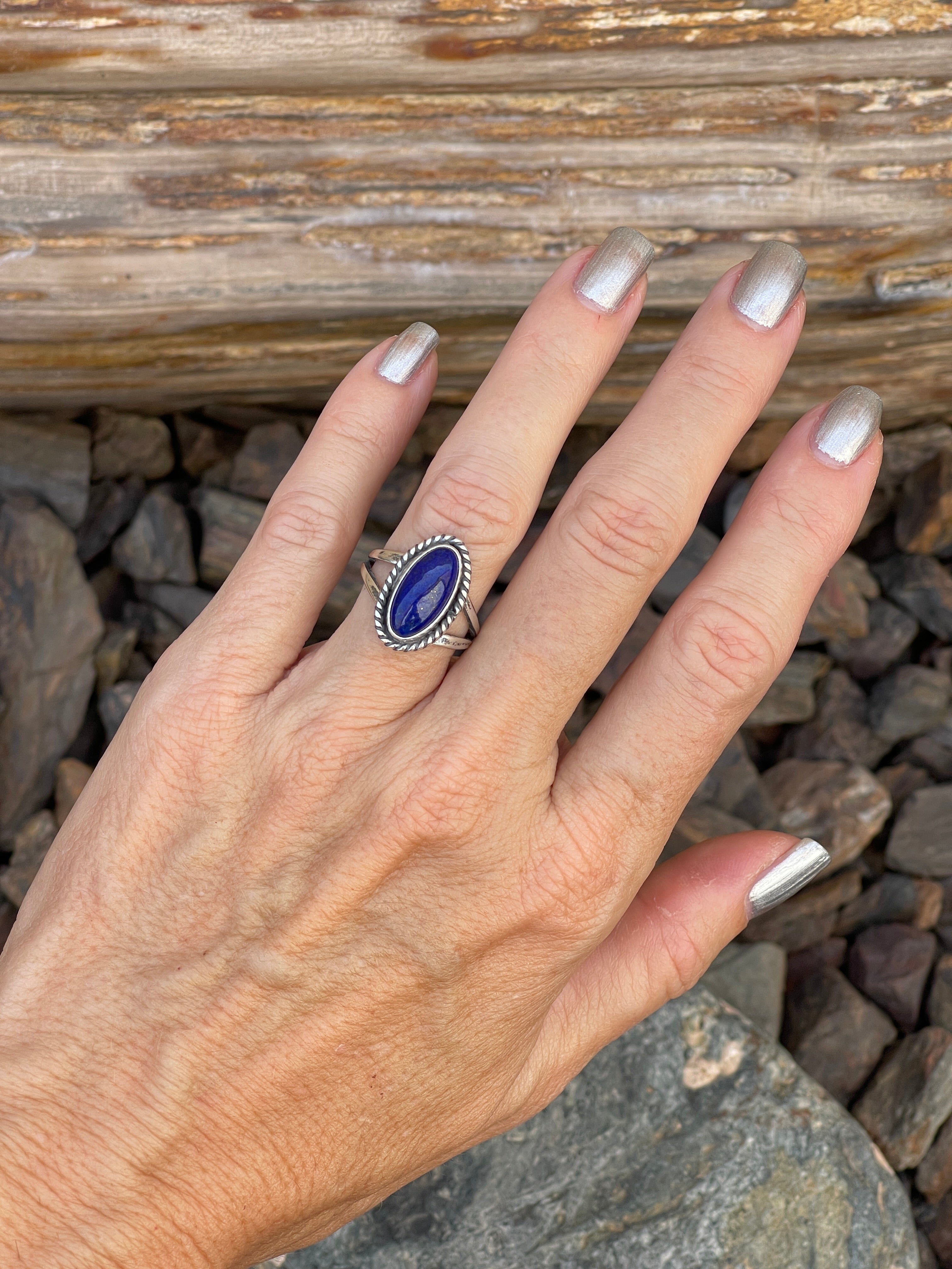 Handmade Solid Sterling Silver Blue Lapis Ring with Twist Trim - Size 6
