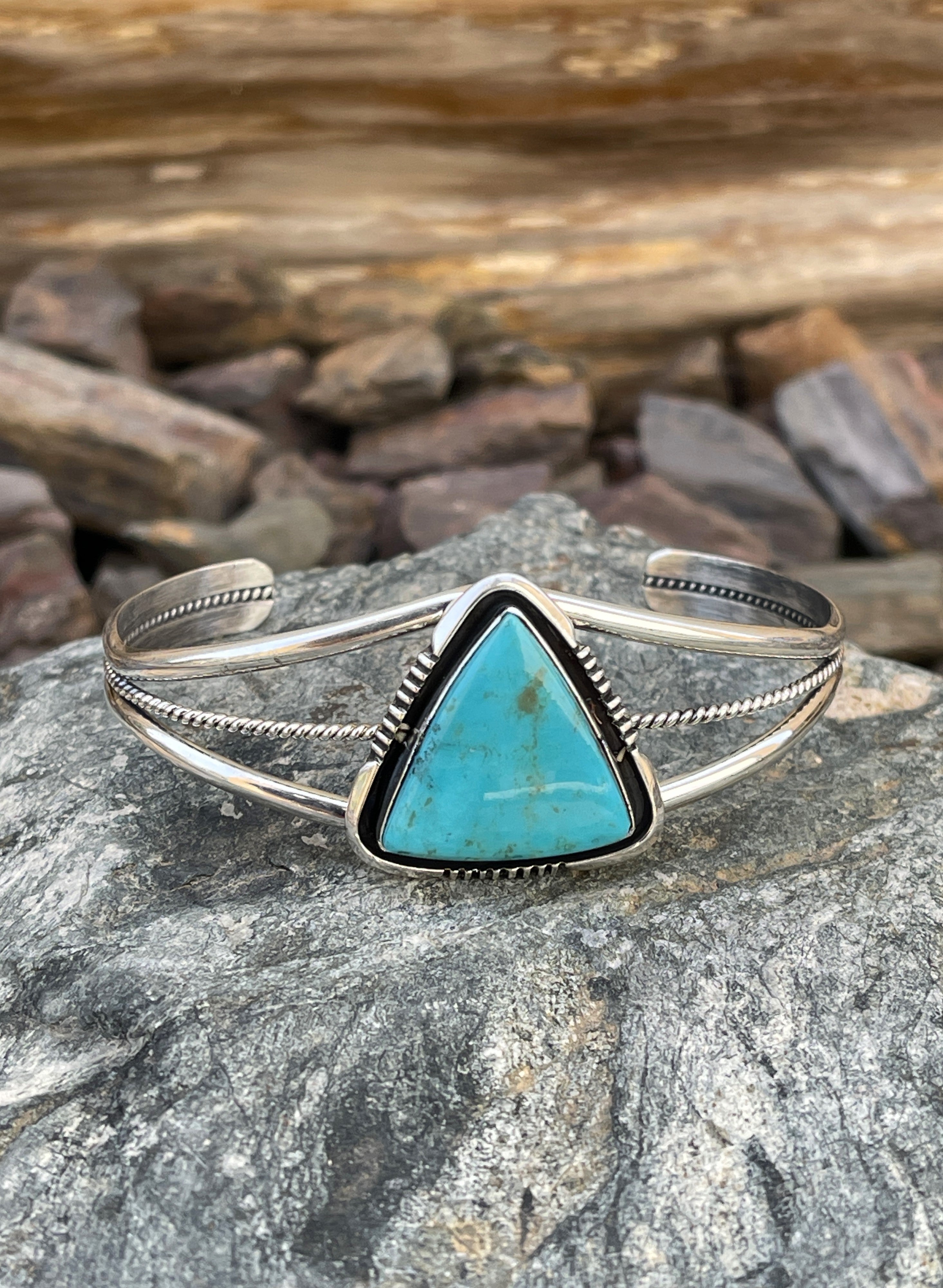 Handmade Solid Sterling Silver Triple Wire Kingman Turquoise Bracelet