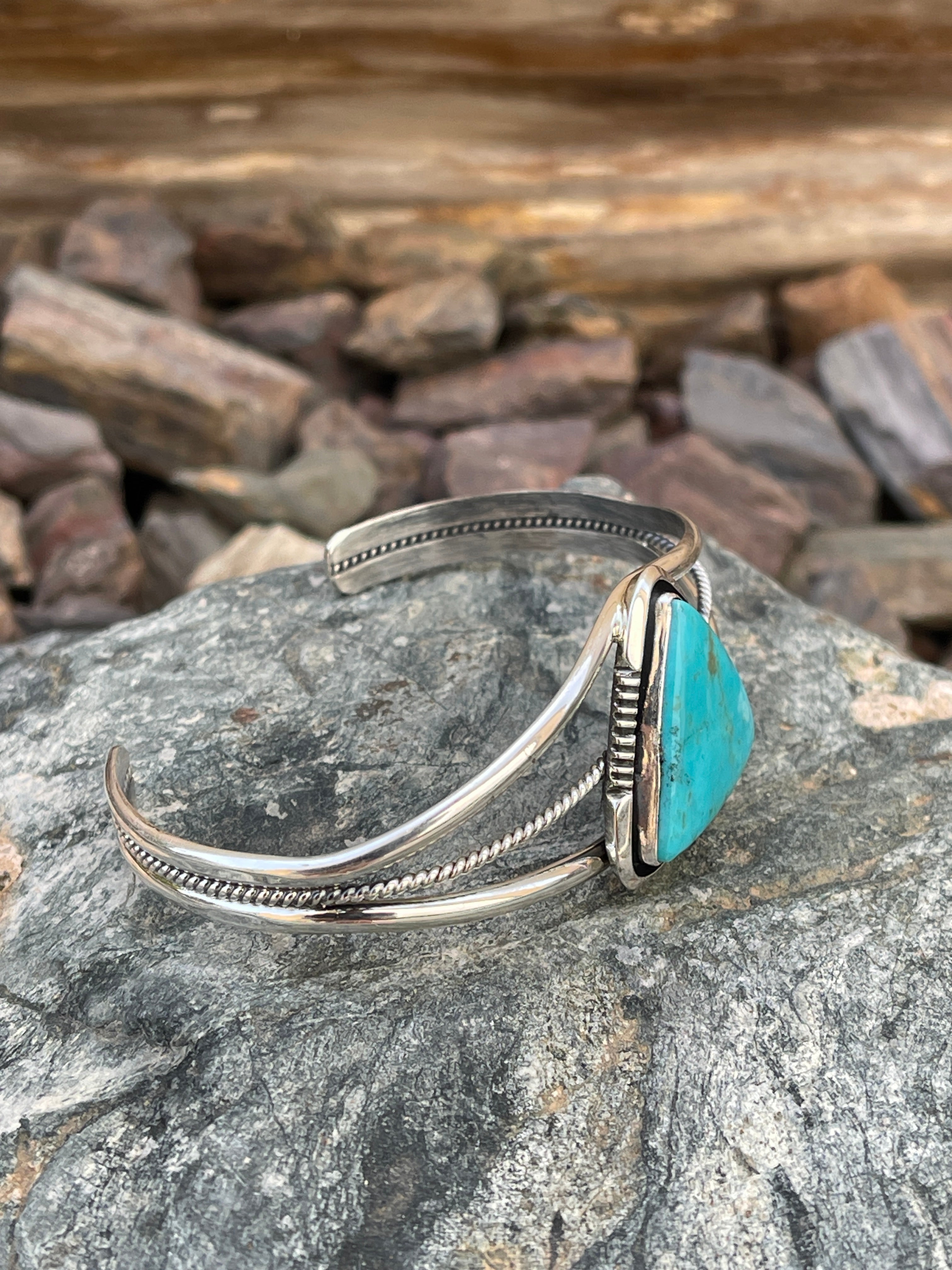 Handmade Solid Sterling Silver Triple Wire Kingman Turquoise Bracelet