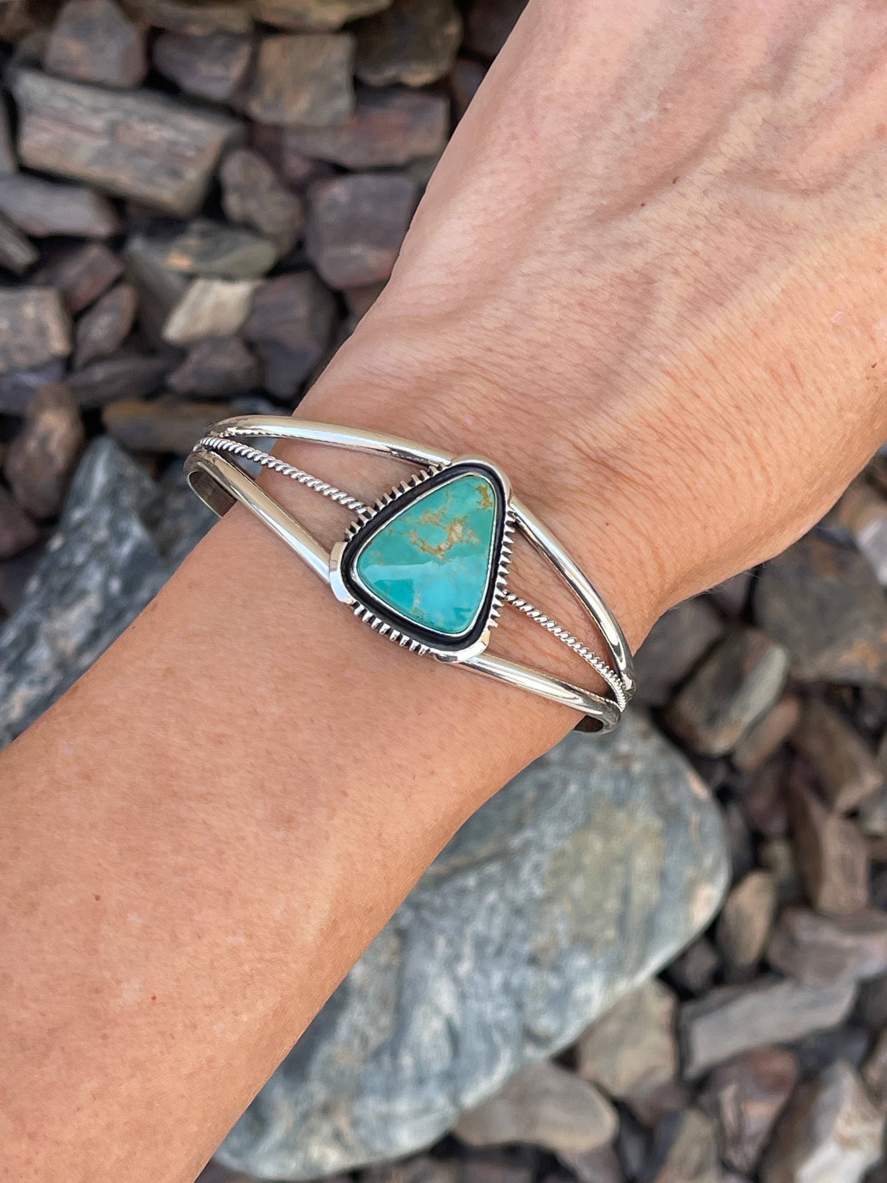 Handmade Solid Sterling Silver Royston Turquoise Triple Wire Bracelet