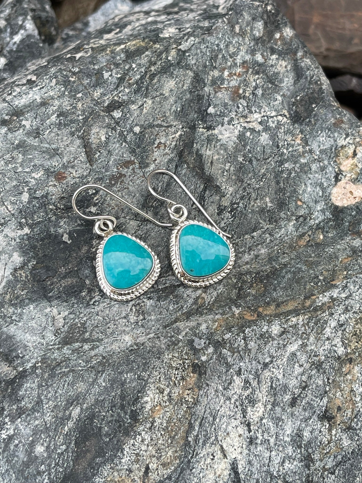 Small Hand Crafted Sterling Silver Kingman Turquoise Dangle Earrings