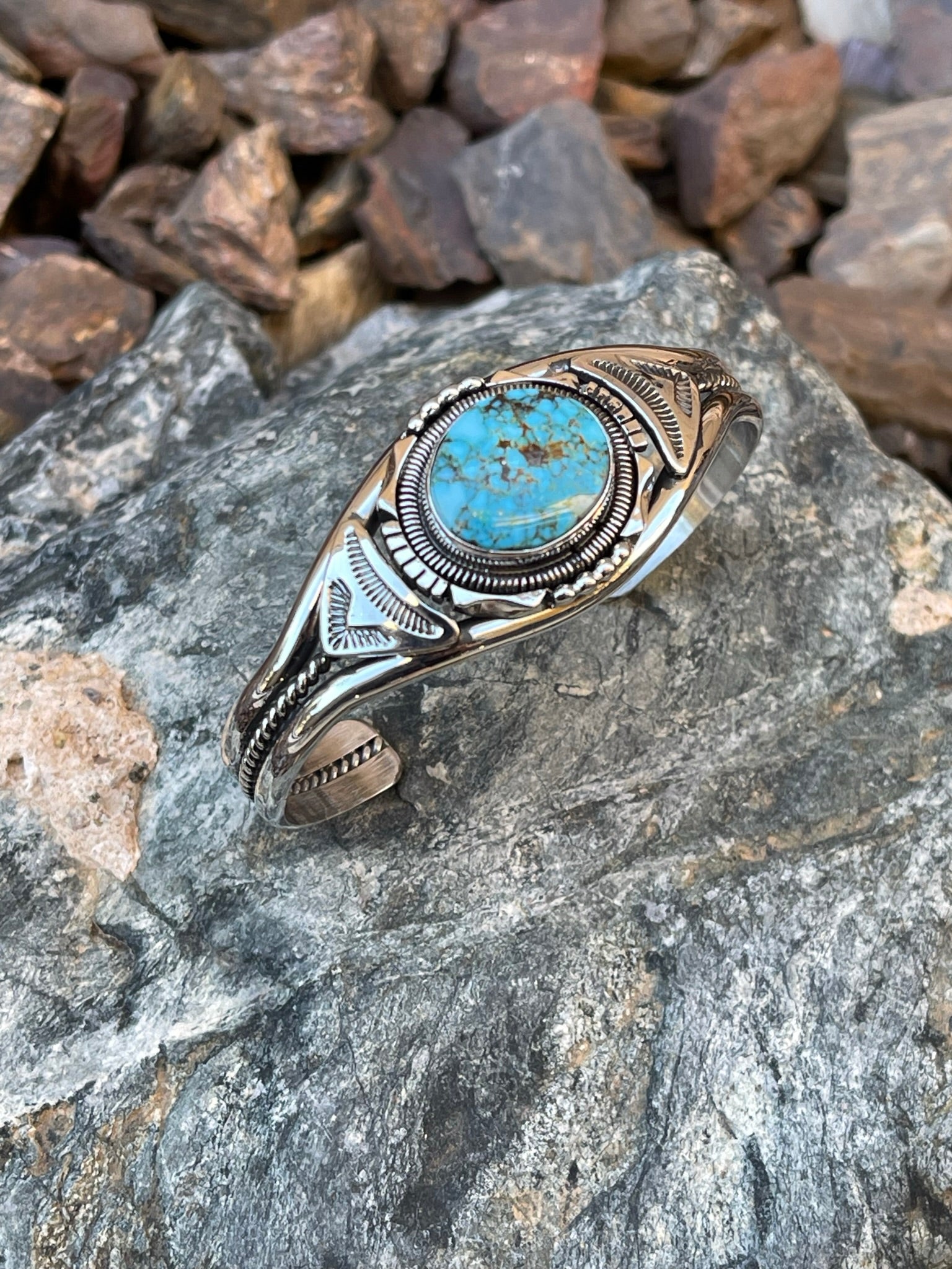 Handmade Sterling Silver Turquoise Mountain Turquoise Bracelet with Coil Detail