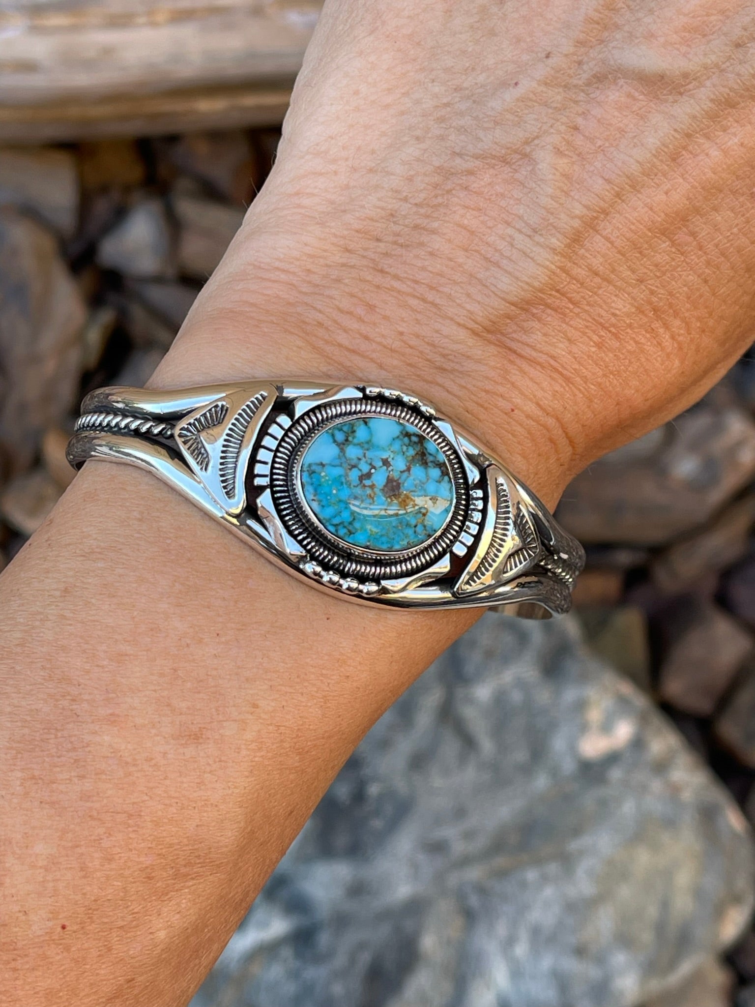 Handmade Sterling Silver Turquoise Mountain Turquoise Bracelet with Coil Detail