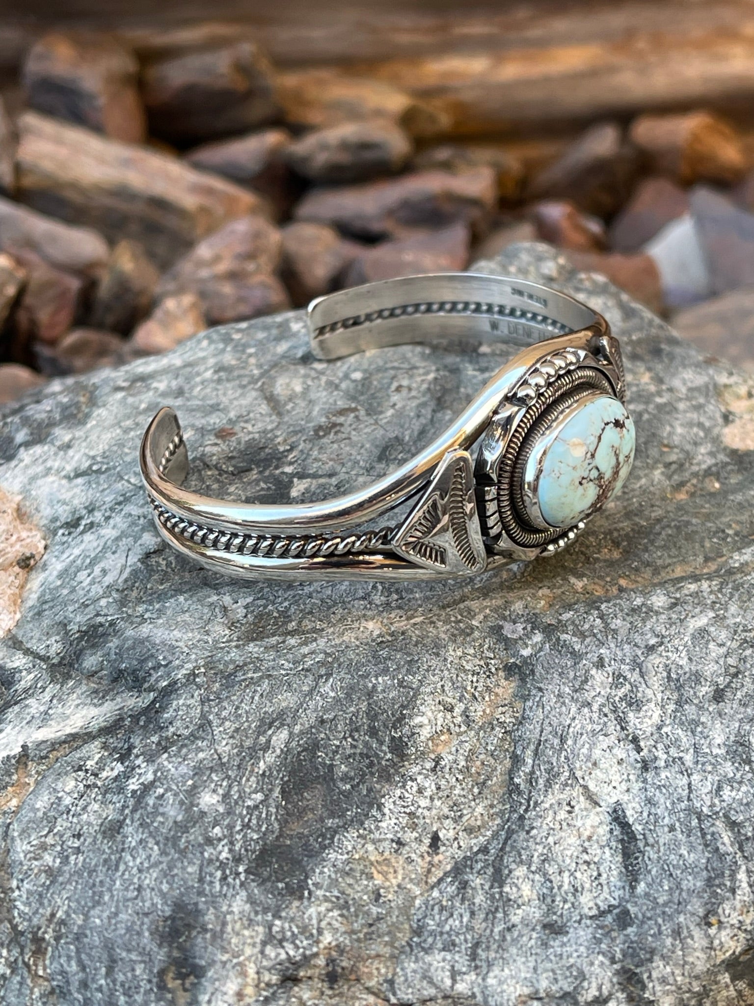 Handmade Sterling Silver Dry Creek Turquoise Bracelet with Coil Detail