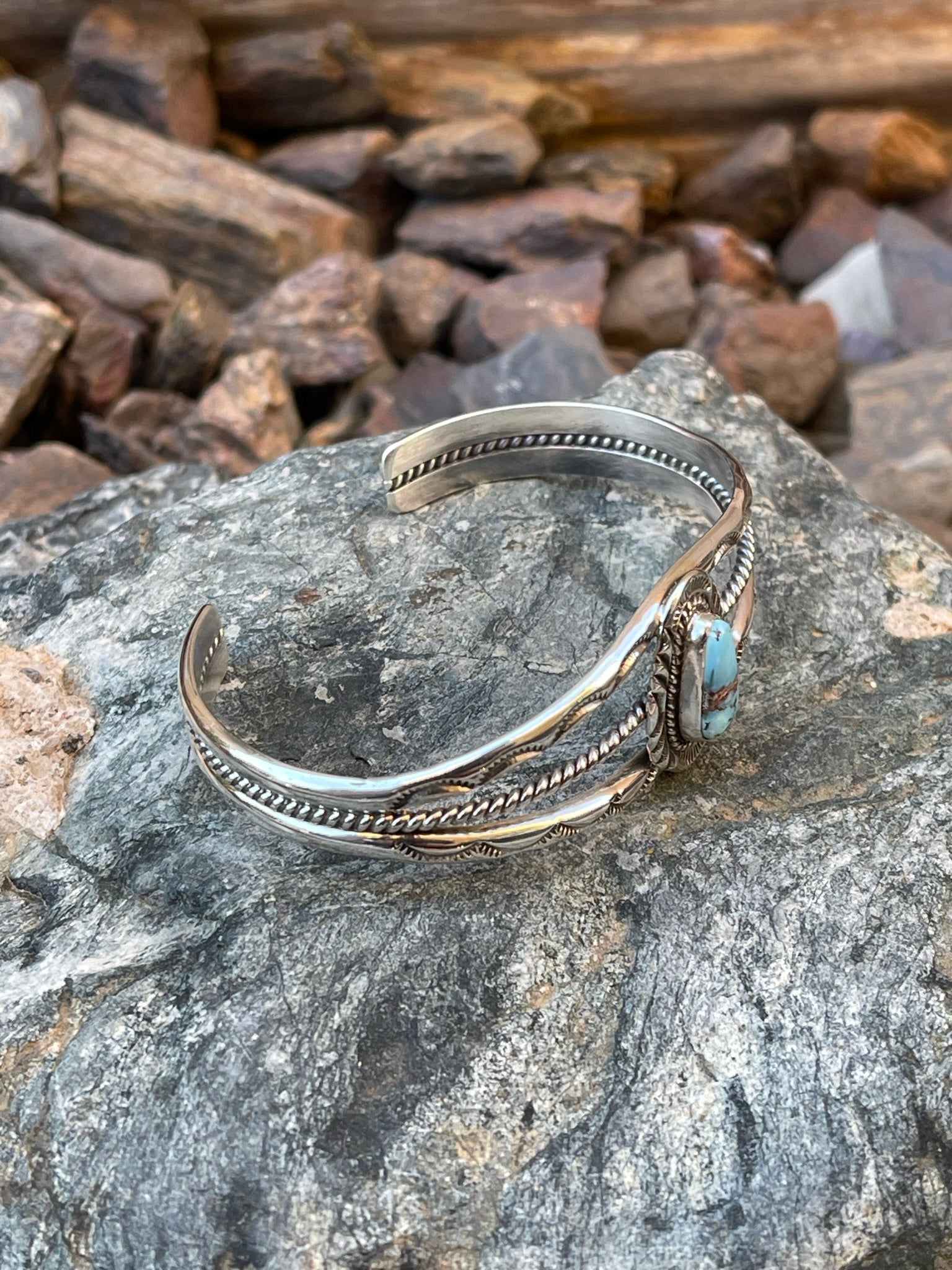 Handmade Sterling Silver Golden Hill Turquoise Triple Wire Bracelet