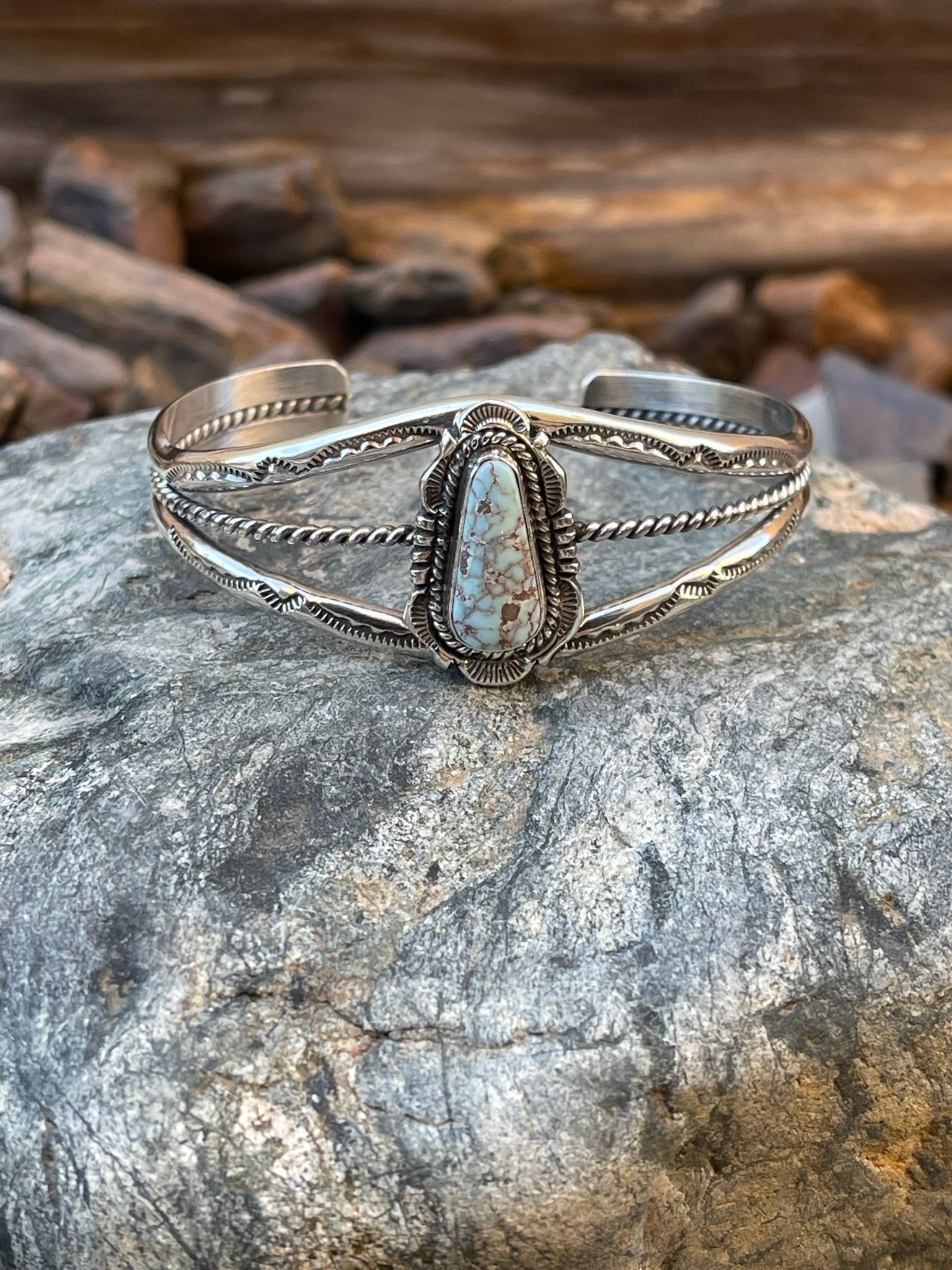 Signature Handmade Sterling Silver Dry Creek Turquoise Bracelet with Stamp Detail