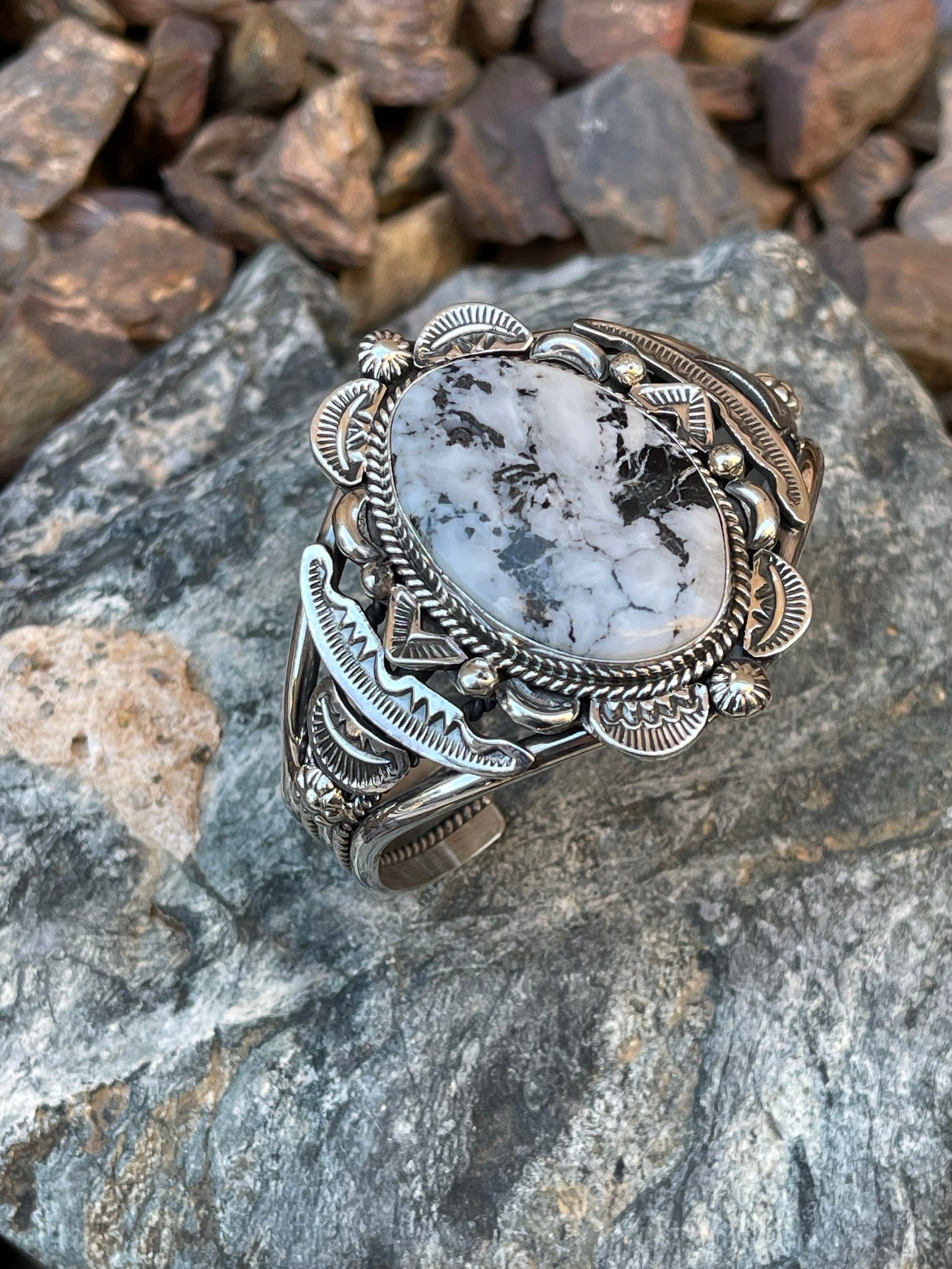 Beautiful Sterling Silver White Buffalo Bracelet with Stamp Detail