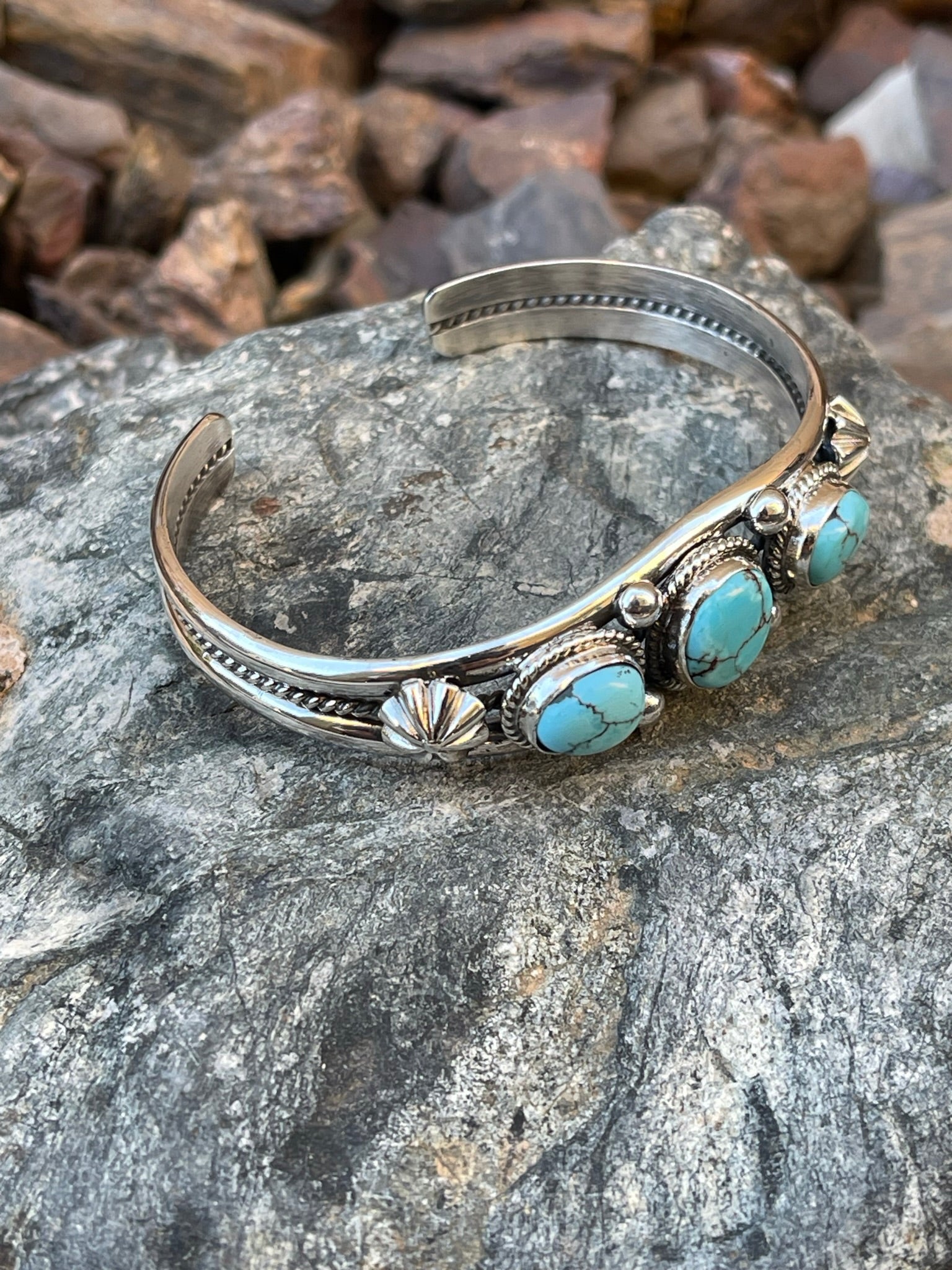 Handmade Sterling Silver Three Stone Turquoise Bracelet
