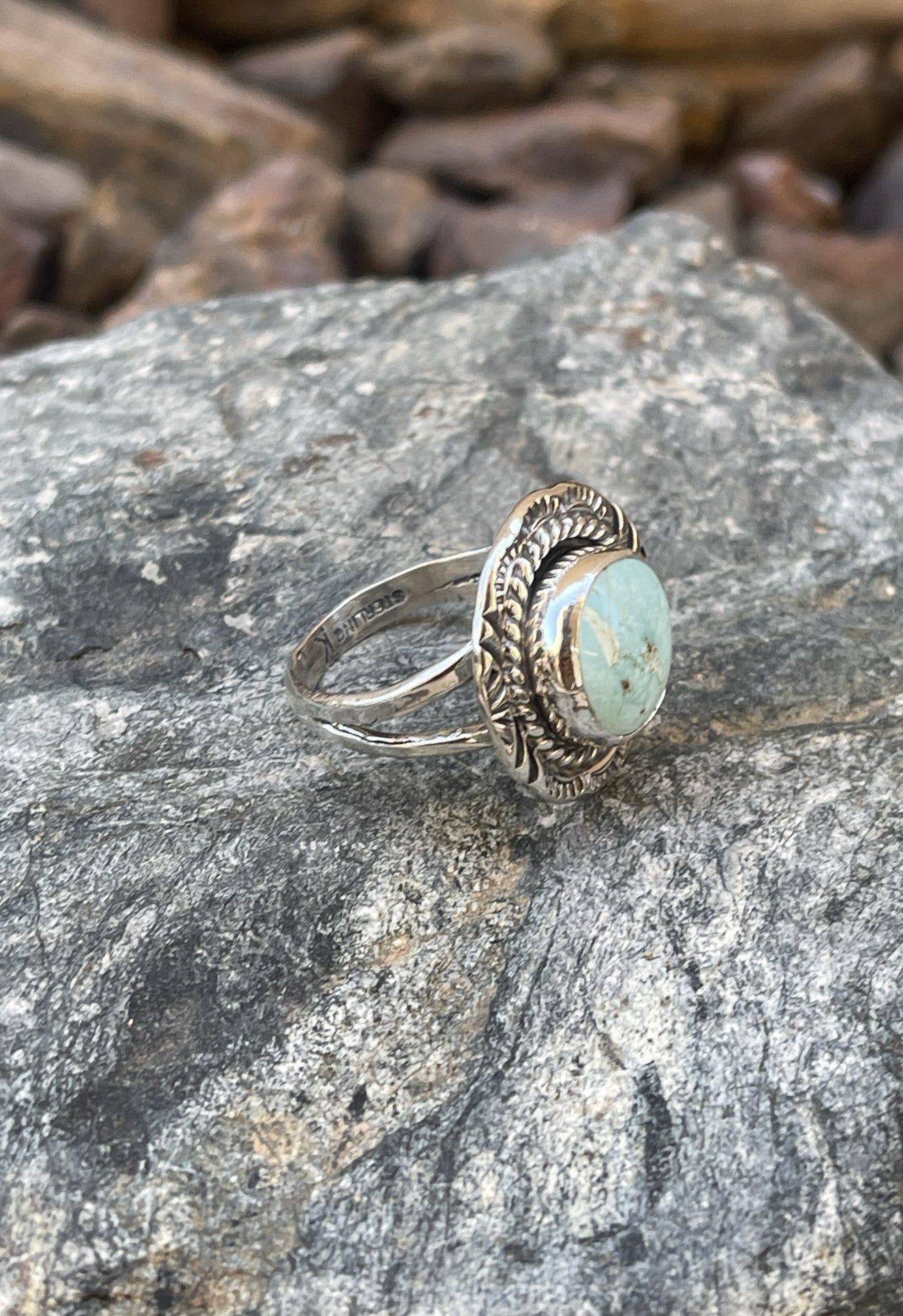 Hand Crafted Sterling Silver Round Cut Dry Creek Turquoise Ring  - Size 9