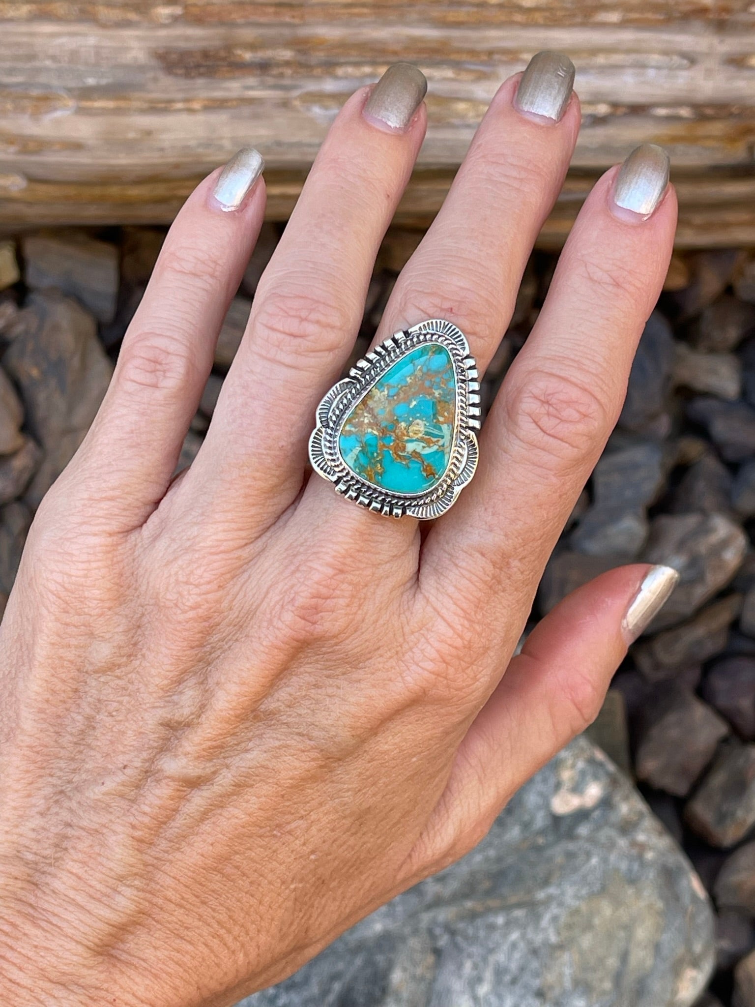 Handmade Sterling Silver Kingman Turquoise Ring with Stamp Trim - Size 7 1/2