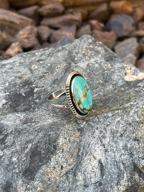 Hand Crafted Sterling Silver Kingman Turquoise Ring with Stamp Trim - Size 6