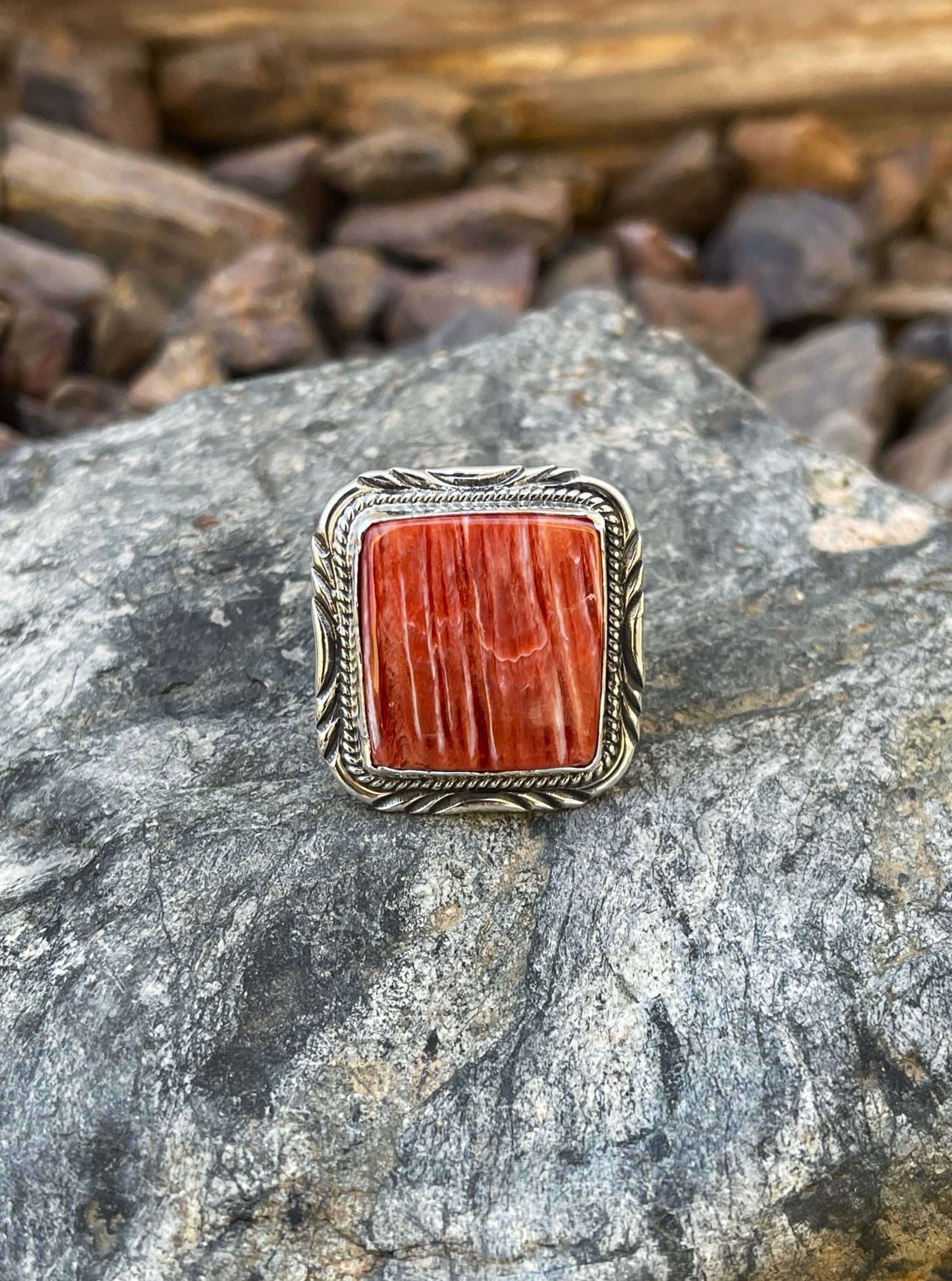 Handmade Sterling Silver Square Cut Red Spiny Oyster Ring with Stamp Trim - Size 7 1/2